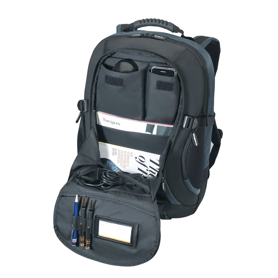 Targus 18-Inch Laptop Backpack with Water-Resistant Rain Cover - Ergonomic Padded Shoulder Straps, Adjustable Chest & Waist Straps - Durable Molded Carry Handle (Black/Blue) - Perfect for Work, School & Travel