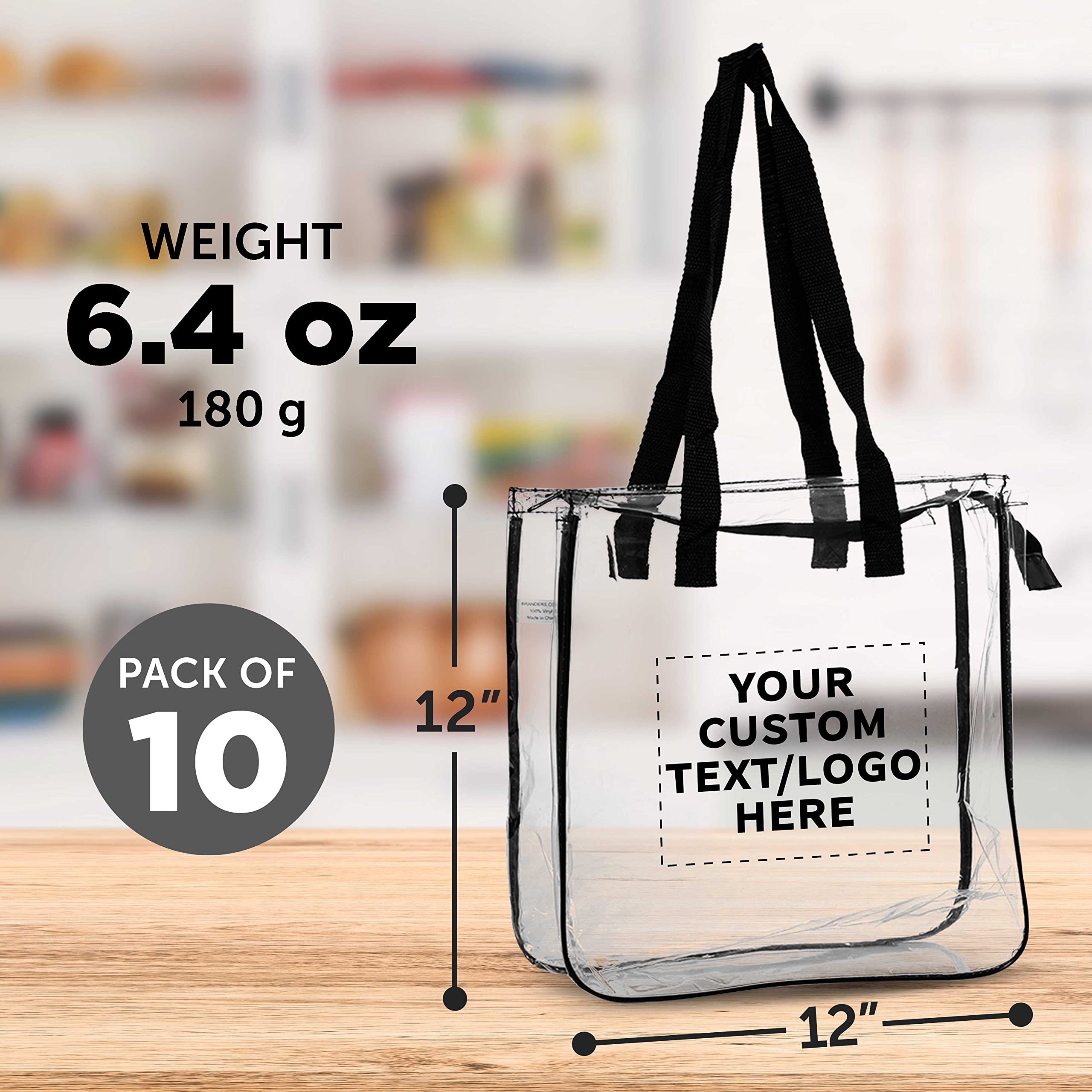 Custom Clear Tote Bags Set of 10 - Personalized Bulk Pack Reusable Shopping Bags for Grocery, Beach, Picnic & Wedding Favors - Eco-Friendly Clear Plastic Totes - Perfect for Retail Promotions, Events & Gift Giving (Black)