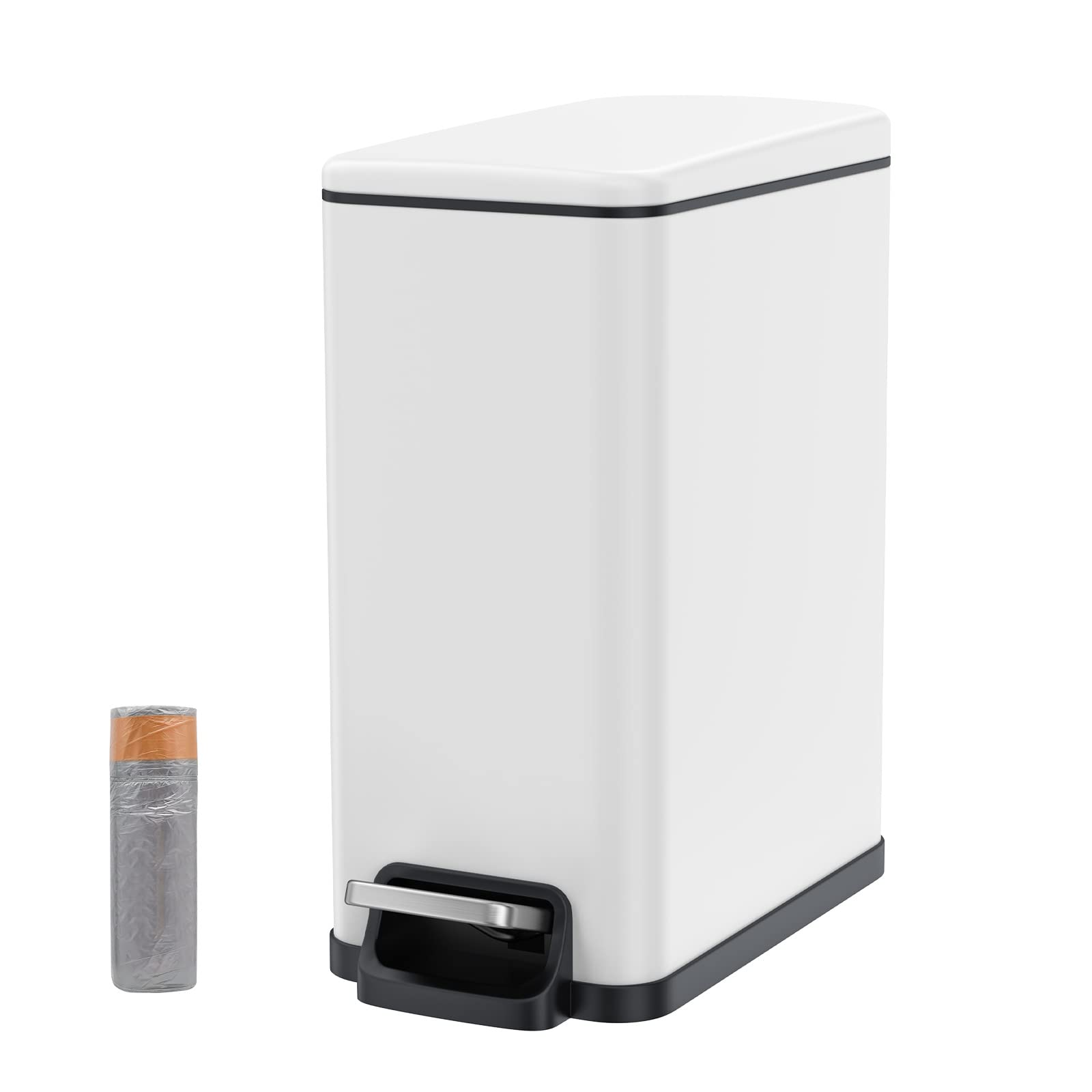 BETHEBEST 2.6 Gallon Rectangular Step Trash Can with Lid & Foot Pedal - Removable Liner Bucket Bathroom Garbage Bin for Bathroom, Bedroom, Office (White) | Perfect for Small Spaces & Odor Control