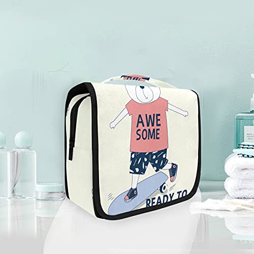 Foldable Waterproof Cosmetic Bag for Women - Travel Makeup Organizer with Skate Bear Design, Hanging Toiletry Case for Bathroom & Gym | Perfect for Girls & Women's Travel Essentials