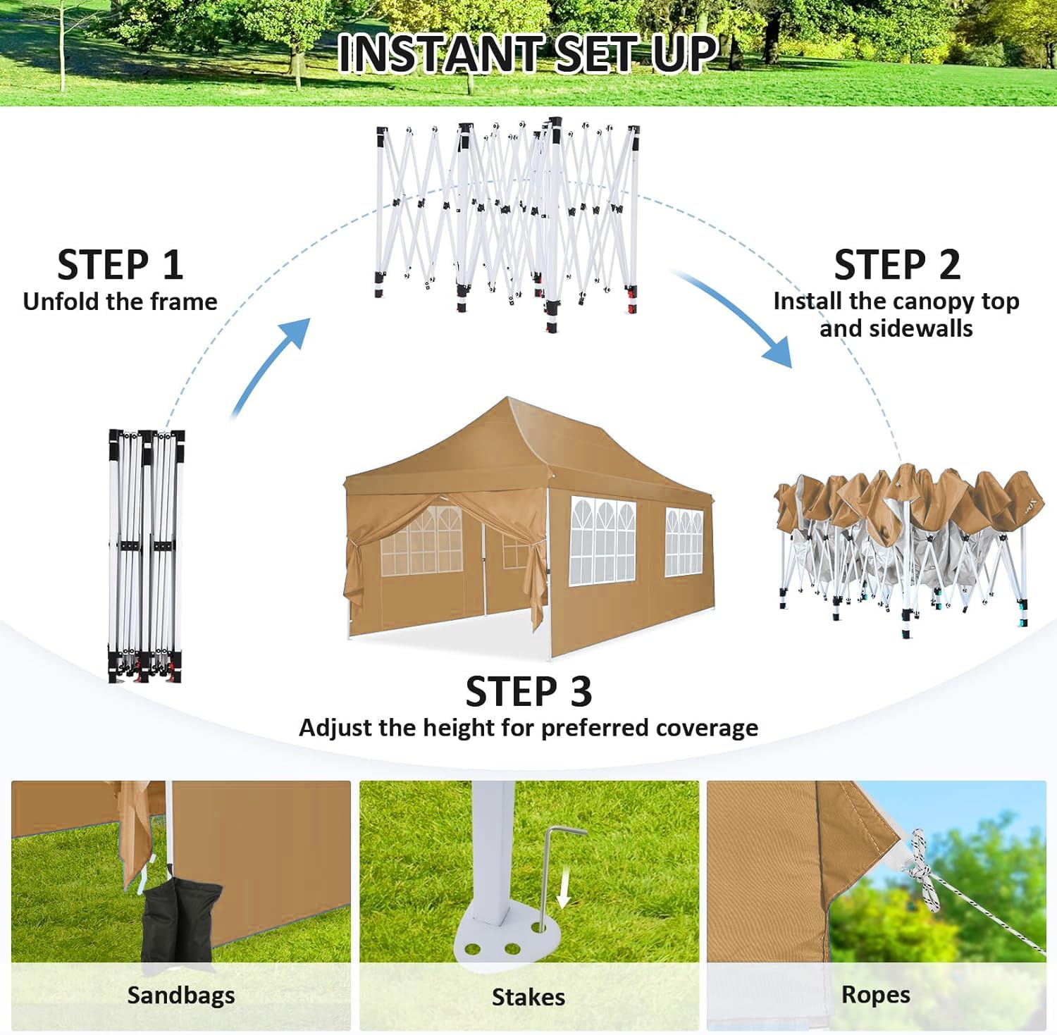 COBIZI 10x20 Pop Up Canopy Tent with 6 Removable Sidewalls - Waterproof Instant Gazebo for Outdoor Events, Parties & Commercial Use | Easy Setup Shelter with Sandbags (Khaki) | Perfect for Backyard BBQs, Farmers Markets & Beach Gatherings
