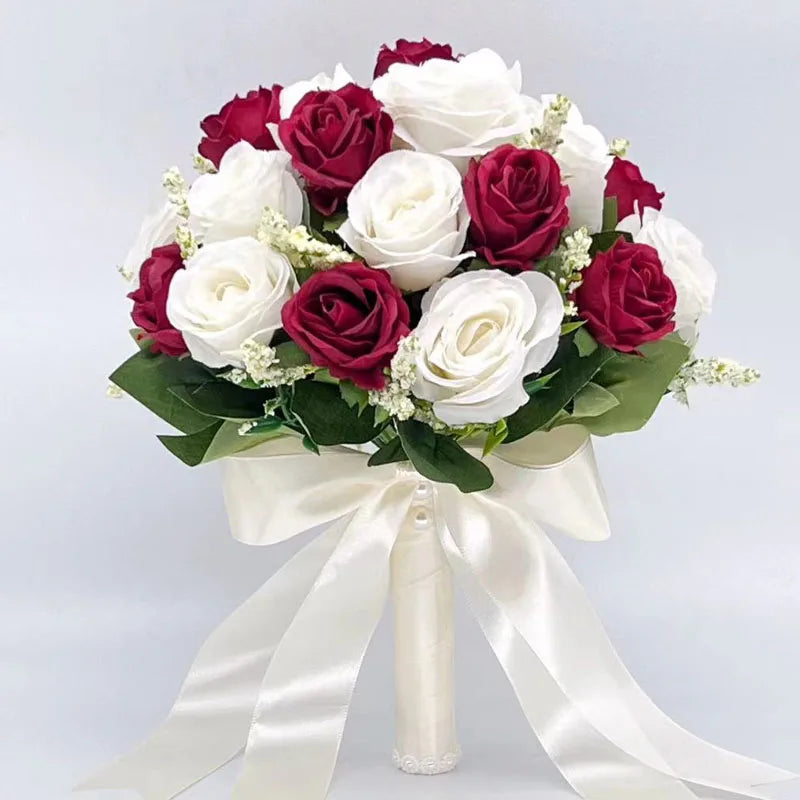 Artificial Silk Rose Wedding Bouquet with Satin Ribbon - Elegant Bridal Bouquet for Wedding, Bridal Shower, Anniversary & Home Decor