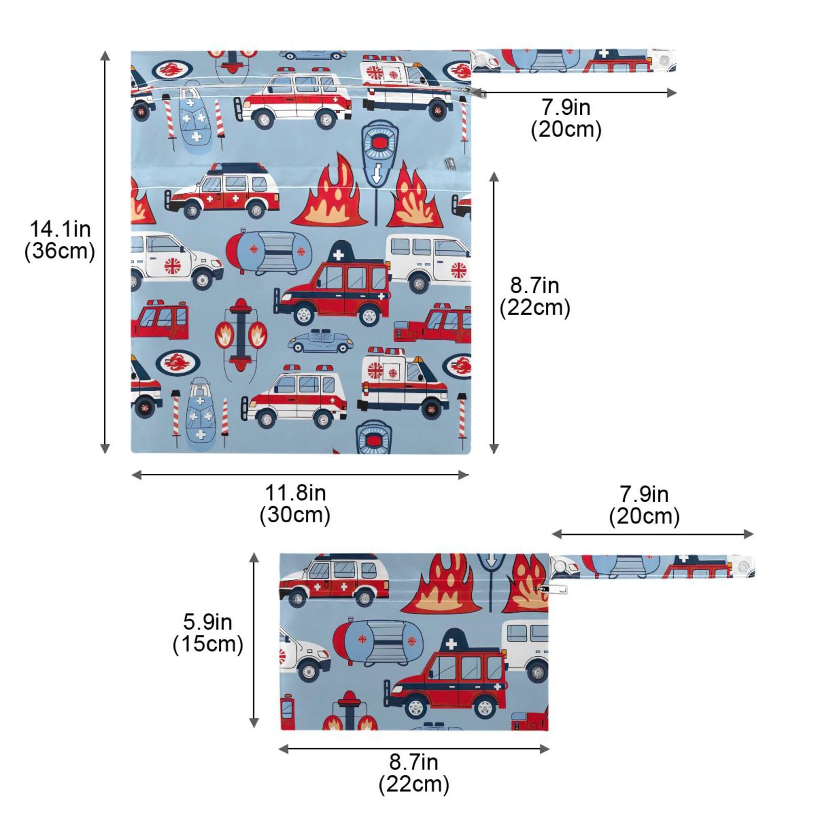 Waterproof Wet Dry Bag Set of 2 - Cute Fire Truck & Police Car Design Diaper Bag for Travel, Beach, Gym, Swimming & Baby Essentials Storage | Kawaii Style