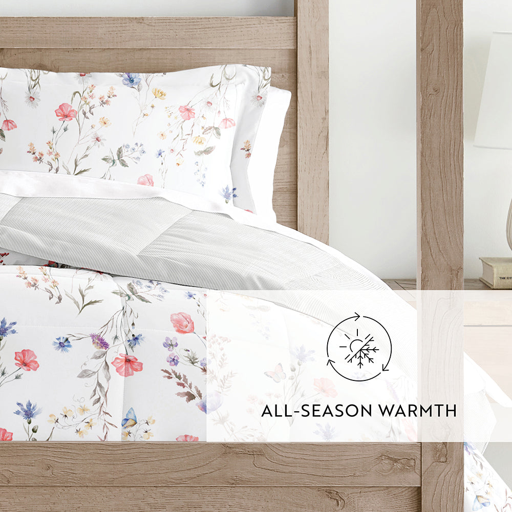 Reversible Down Alternative Comforter Set with Meadow Floral Design - All-Season Lightweight Bedding for Master Bedroom & Guest Room