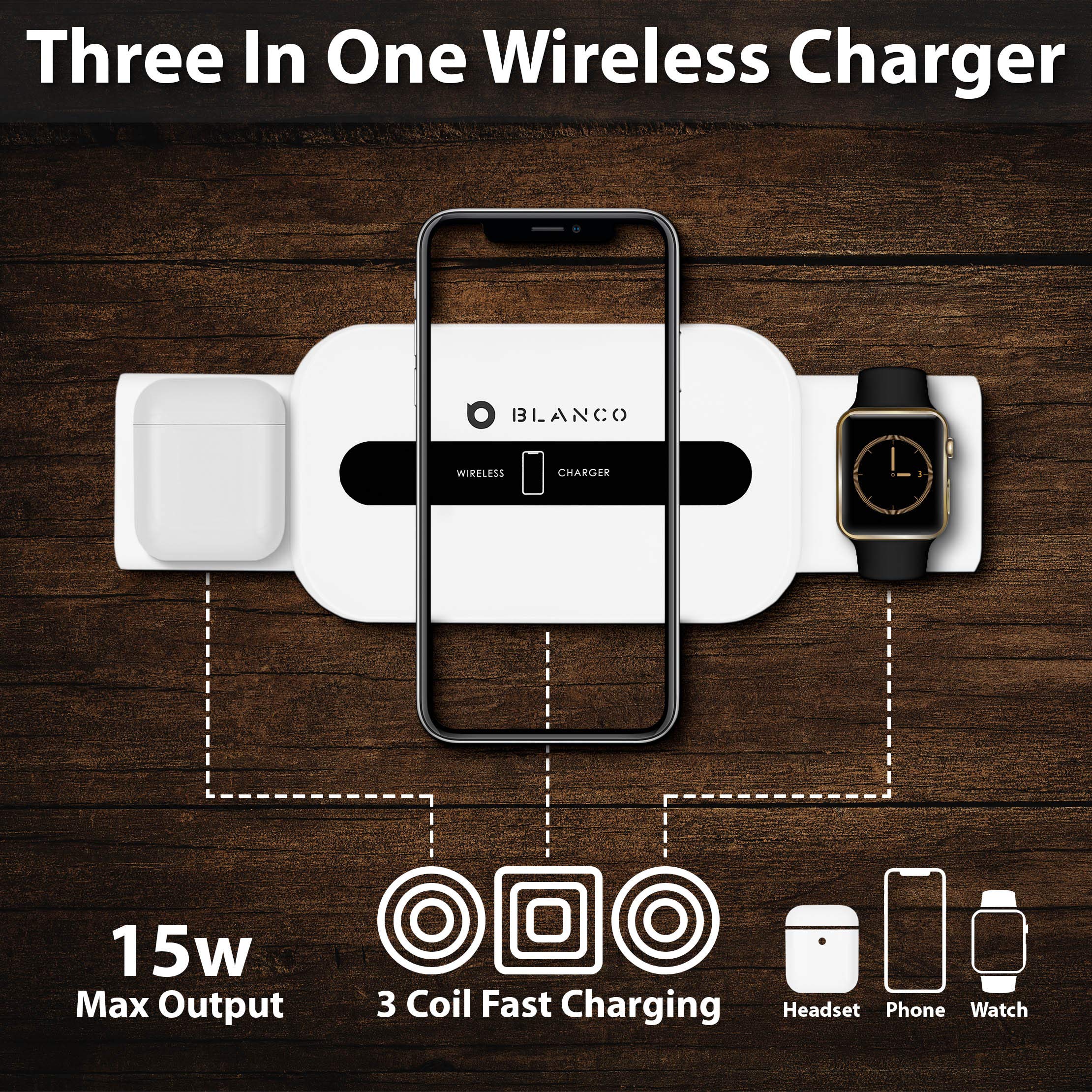 BLANCO 3-in-1 Wireless Charging Station for iPhone 11 Pro Max/X/XS/XR/8 Plus, Apple Watch & AirPods Pro - Fast Qi Wireless Charger for Multiple Devices | Perfect for Home, Office & Travel Charging Needs