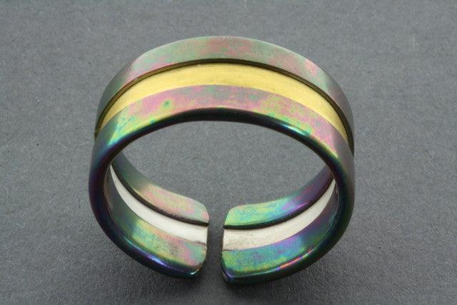 Rainbow Titanium Line Ring with Gold Accent - Sterling Silver & Titanium Wedding Band for Women - Perfect for Engagement, Anniversary, and Everyday Wear