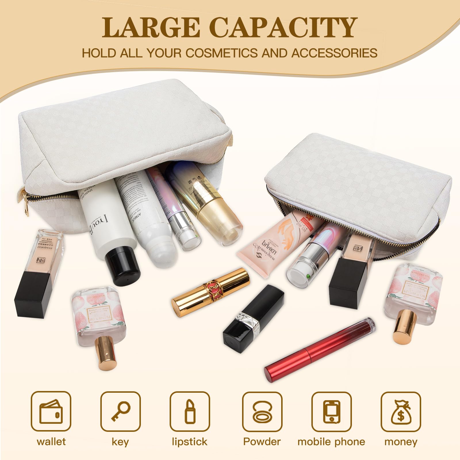 2 Pack Large Checkered Makeup Bag for Women - Waterproof Cosmetic Organizer with Travel Toiletry Case & Brush Holder - Perfect for Travel, Gym, and Daily Essentials Storage (Beige)