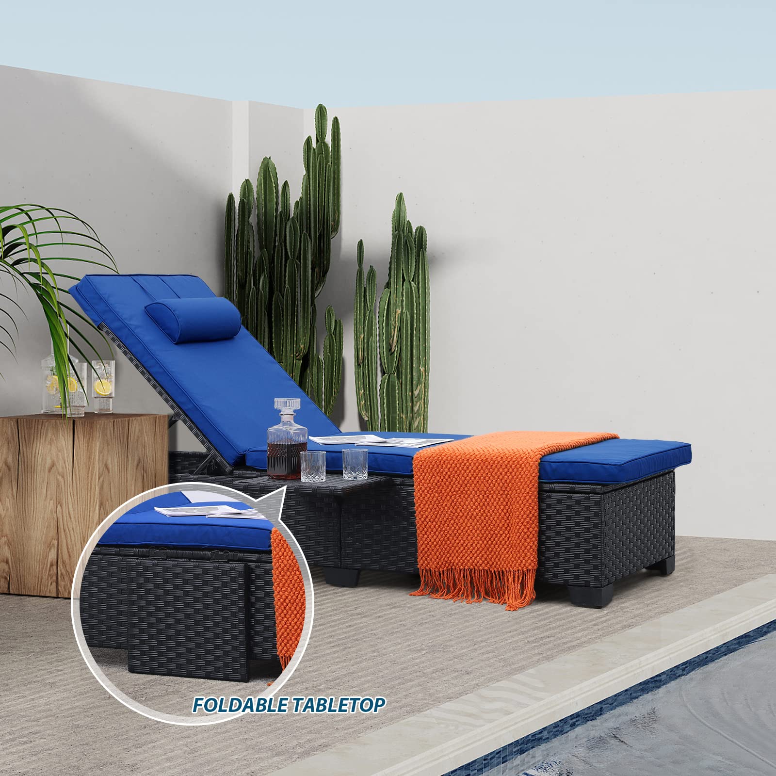 Premium WAROOM Outdoor Chaise Lounge Chairs Set of 2 - Black Wicker Rattan Reclining Pool Sunbathing Chairs with Adjustable Backrest & Royal Blue Cushions - Perfect for Patio, Garden, Poolside Relaxation and Backyard Lounging