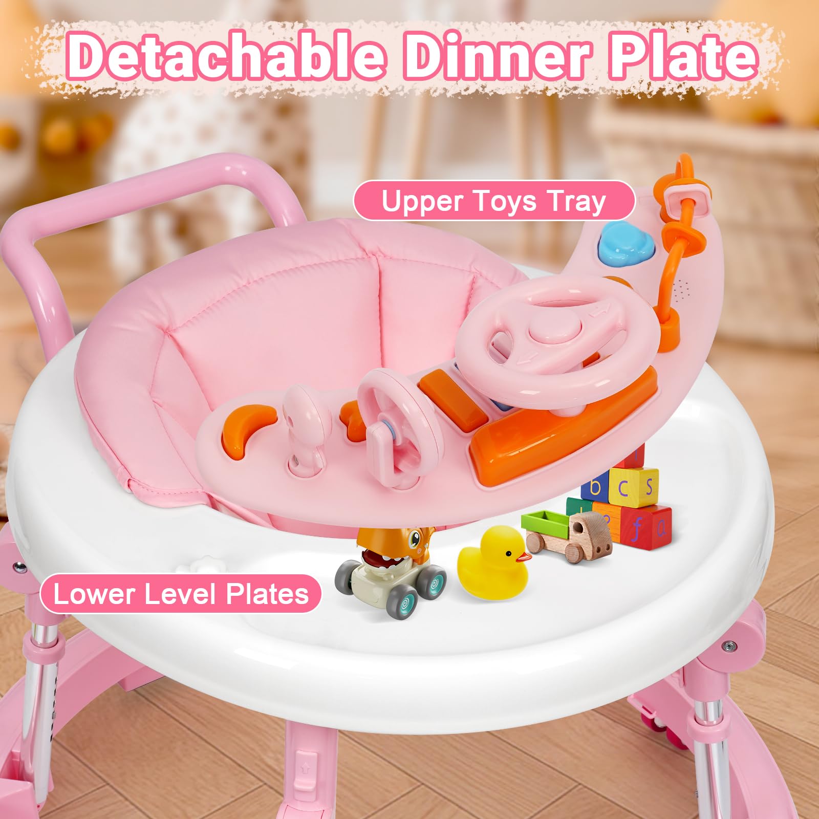Foldable Music & Lights Baby Walker with 9 Adjustable Heights - Portable Wheeled Activity Center for Boys & Girls 7-18 Months (Pink) - Perfect for Learning to Walk & Indoor Playtime