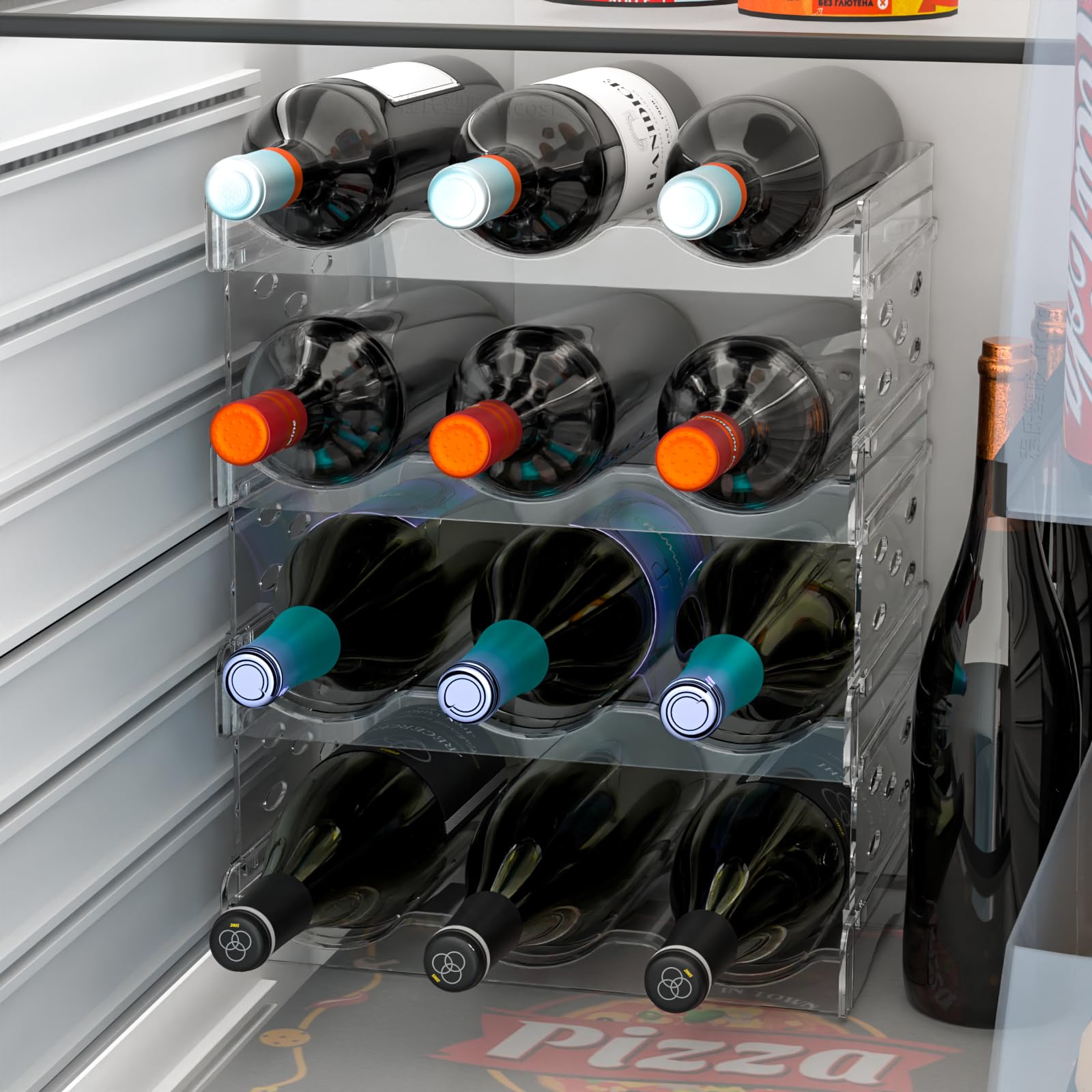 4-Pack Clear Acrylic Stackable Water Bottle Organizer - Plastic Cup Storage Rack for Kitchen, Pantry & Cabinet - Holds 12 Bottles - Perfect for Countertop Organization & Wine Storage