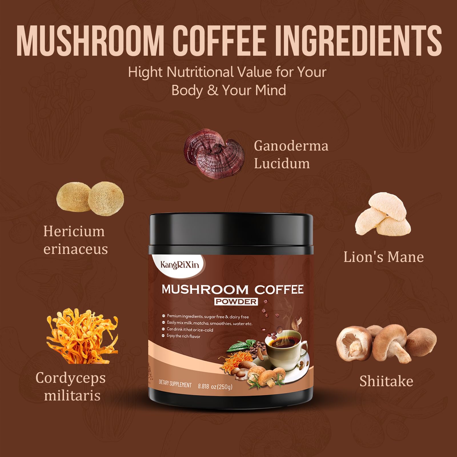 Organic Mushroom Coffee Powder with Lion's Mane, Reishi, Cordyceps & Shiitake - Immune Support & Focus Booster | Instant Mushroom Coffee Supplement | 50 Servings | Perfect for Busy Mornings & Workouts