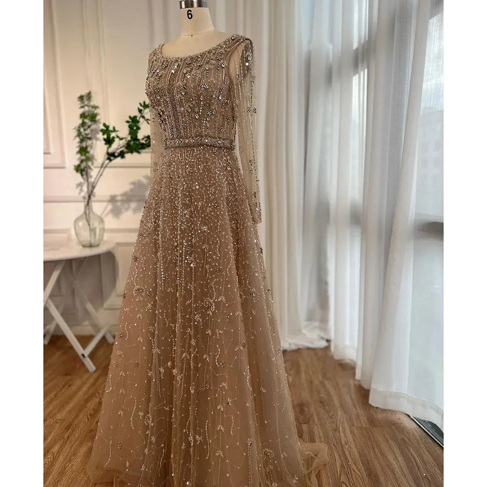 Luxury Dubai Arabic Designer Beaded A-Line Evening Gown for Women - Elegant Nude Wedding & Party Dress LA72088 | Perfect for Formal Events, Galas & Special Occasions