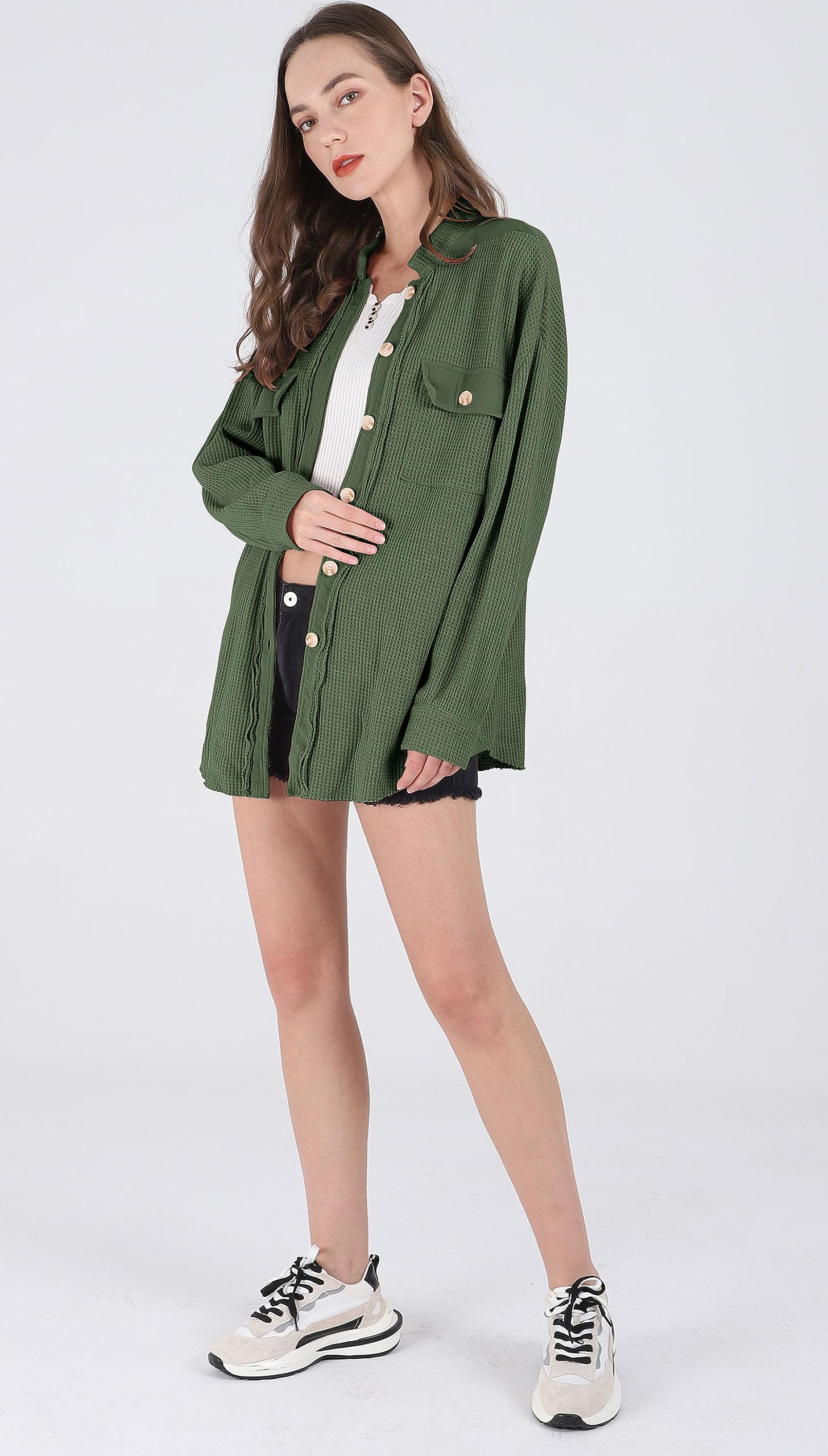 Women's Loose Fit Batwing Sleeve Waffle Knit Button Down Shirt Shacket - Casual Long Sleeve Tops for Fall & Winter Layering, Office Wear and Weekend Outfits