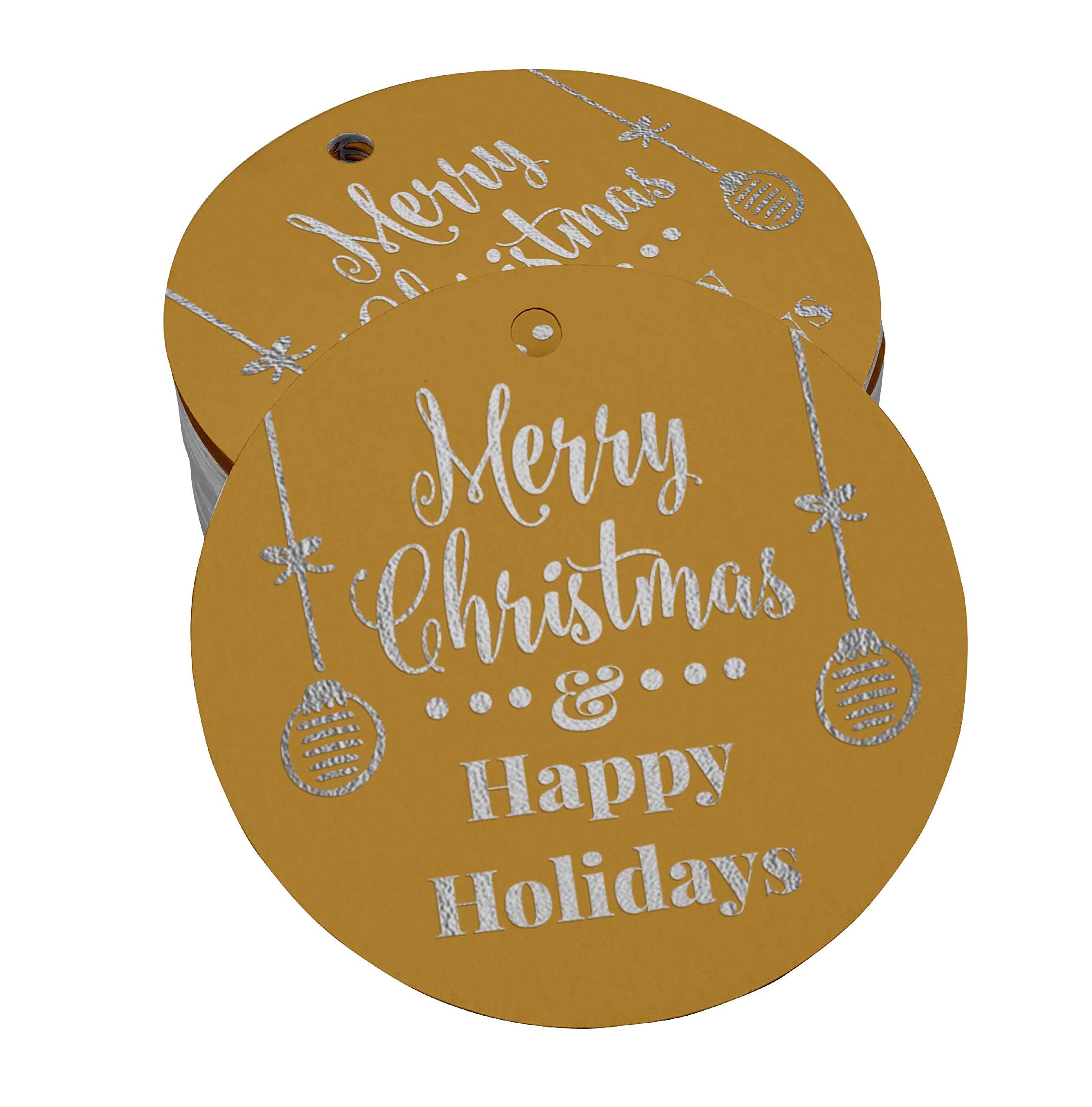 50 Pack Merry Christmas & Happy Holiday Favor Tags - Silver Foil Hanging Gift Tags for DIY Crafts, Party Decorations & Present Wrapping