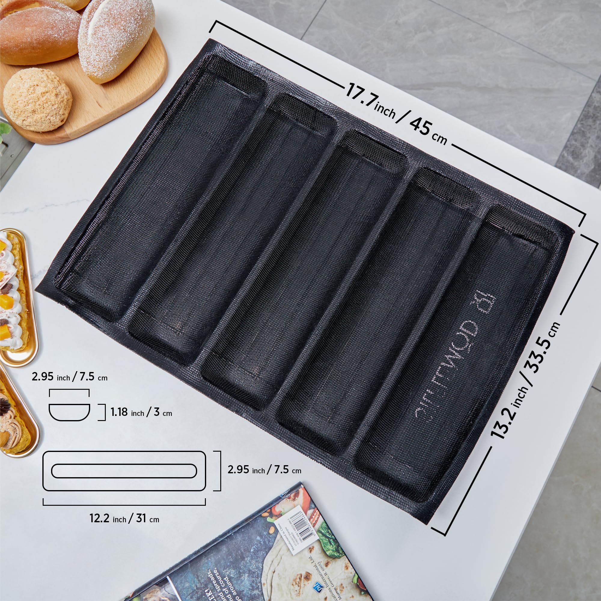 SIFLEMOD Silicone Baguette Mold - Non-Stick French Bread Flexi Mesh Pan, Perforated Sandwich Baking Liners, Silicone Bread Baking Forms (5 Loaf, Black) | Perfect for Home Baking, Artisan Bread Making, and Professional Kitchen Use