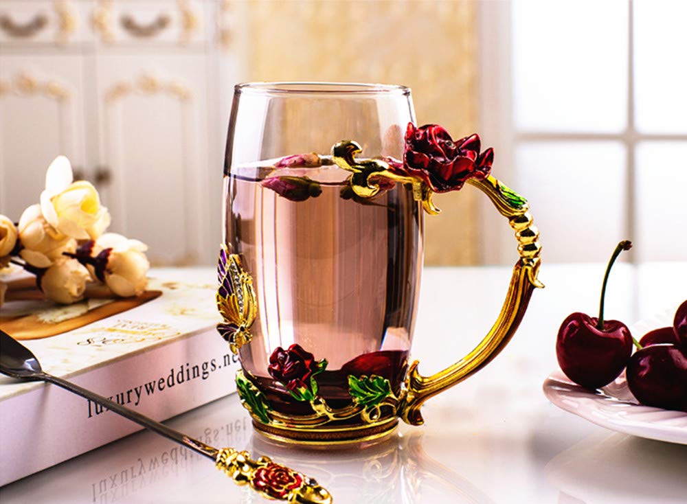 Handmade Enamel Butterfly Rose Flower Glass Coffee Mug & Tea Cup Set with Spoon - 13 oz (Red Rose) - Perfect for Home, Office, Gifts, Friend Birthday Presents & Afternoon Tea Time