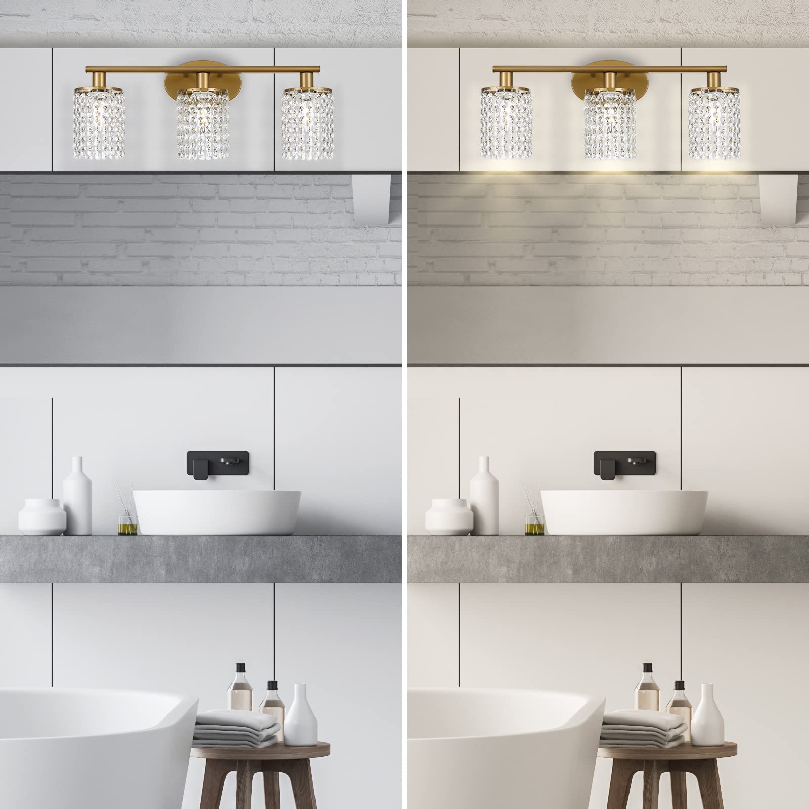 Gold Bathroom Light Fixtures - Crystal 3-Light Vanity Light for Modern Bathrooms | Elegant Mirror Lighting for Bathroom Decor | Perfect for Master Bath, Powder Room & Spa Style Settings