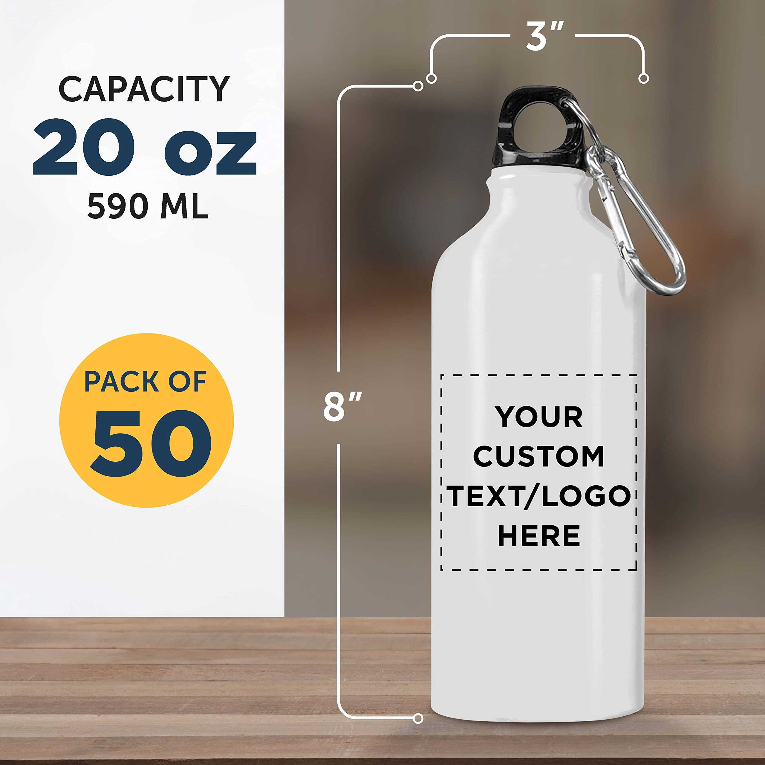 Custom 20oz Aluminum Water Bottles Bulk Pack (Set of 50) - Personalized Gym & Hiking Bottles - Eco-Friendly Reusable Drinkware for Sports, Office, Camping & Outdoor Activities - White