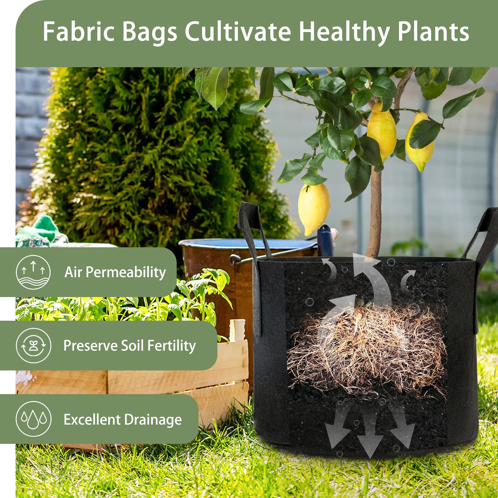 GreatBuddy 10 Gallon Grow Bags 12-Pack - Heavy Duty Fabric Plant Pots with Sturdy Handles & Reinforced Stitching - Includes Free Plant Labels - Ideal for Indoor/Outdoor Gardening, Vegetables, Flowers & Herbs
