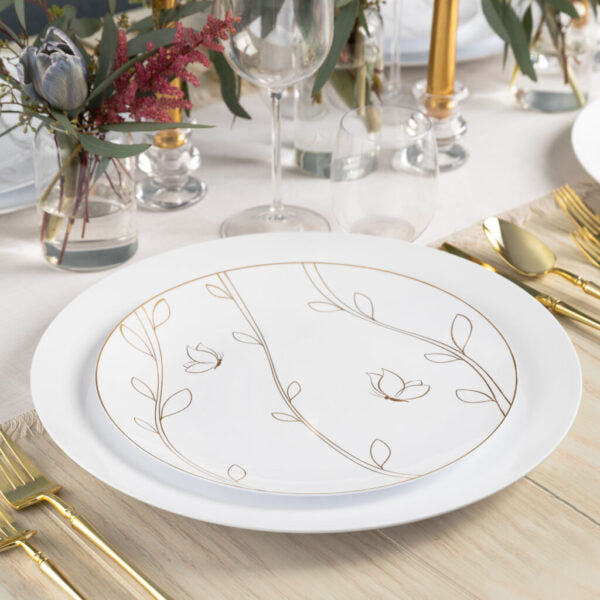 32-Pack White & Gold Round Plastic Dinnerware Set for 16 Guests - Elegant Disposable Plates, Bowls, Cups & Cutlery - Perfect for Weddings, Parties, BBQs & Outdoor Events