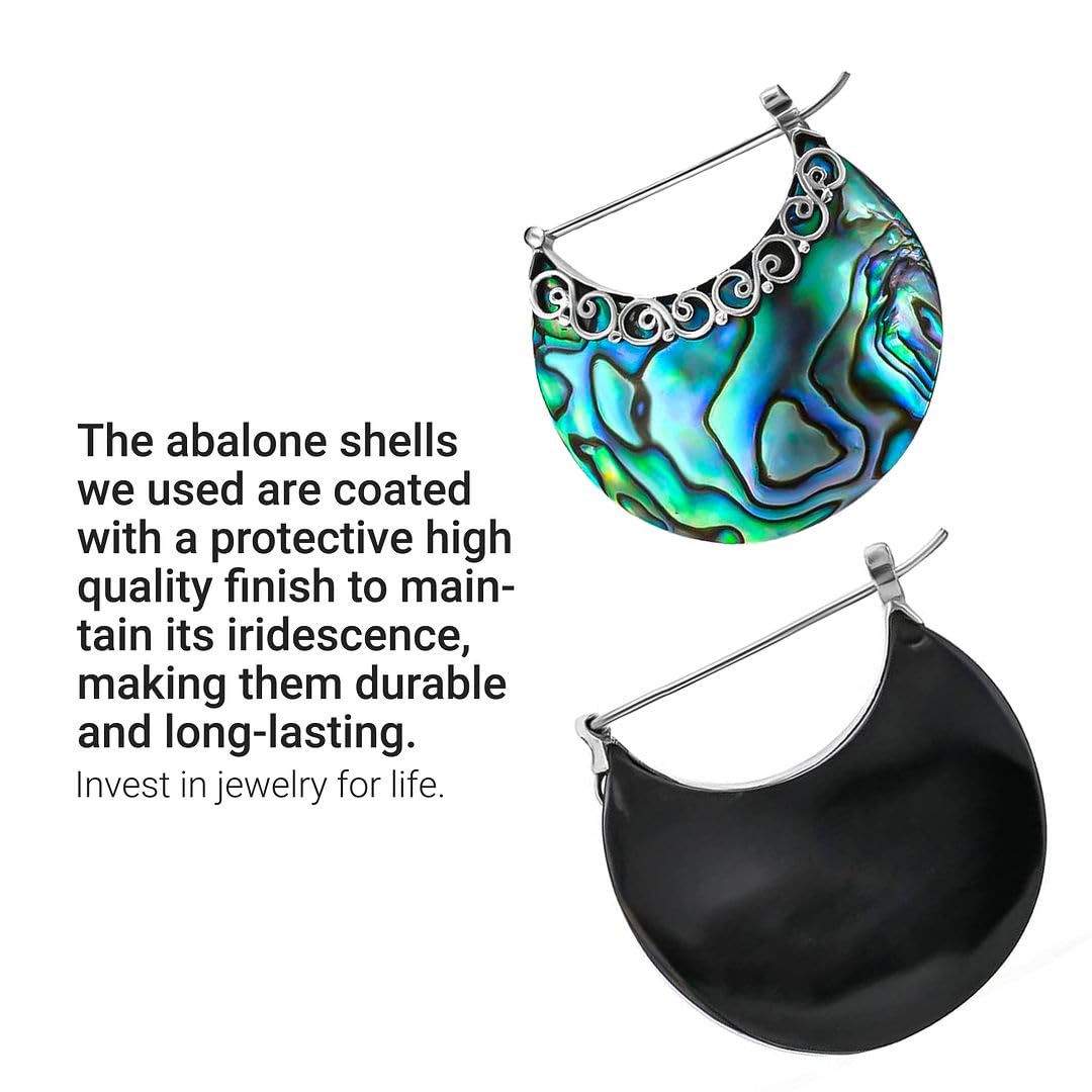 925 Sterling Silver Abalone Shell Hoop Earrings - Genuine Handmade Boho Jewelry for Women - Natural Abalone Bali Dangling Earrings - Perfect for Birthday Gifts, Beach Parties & Boho Fashion Accessories