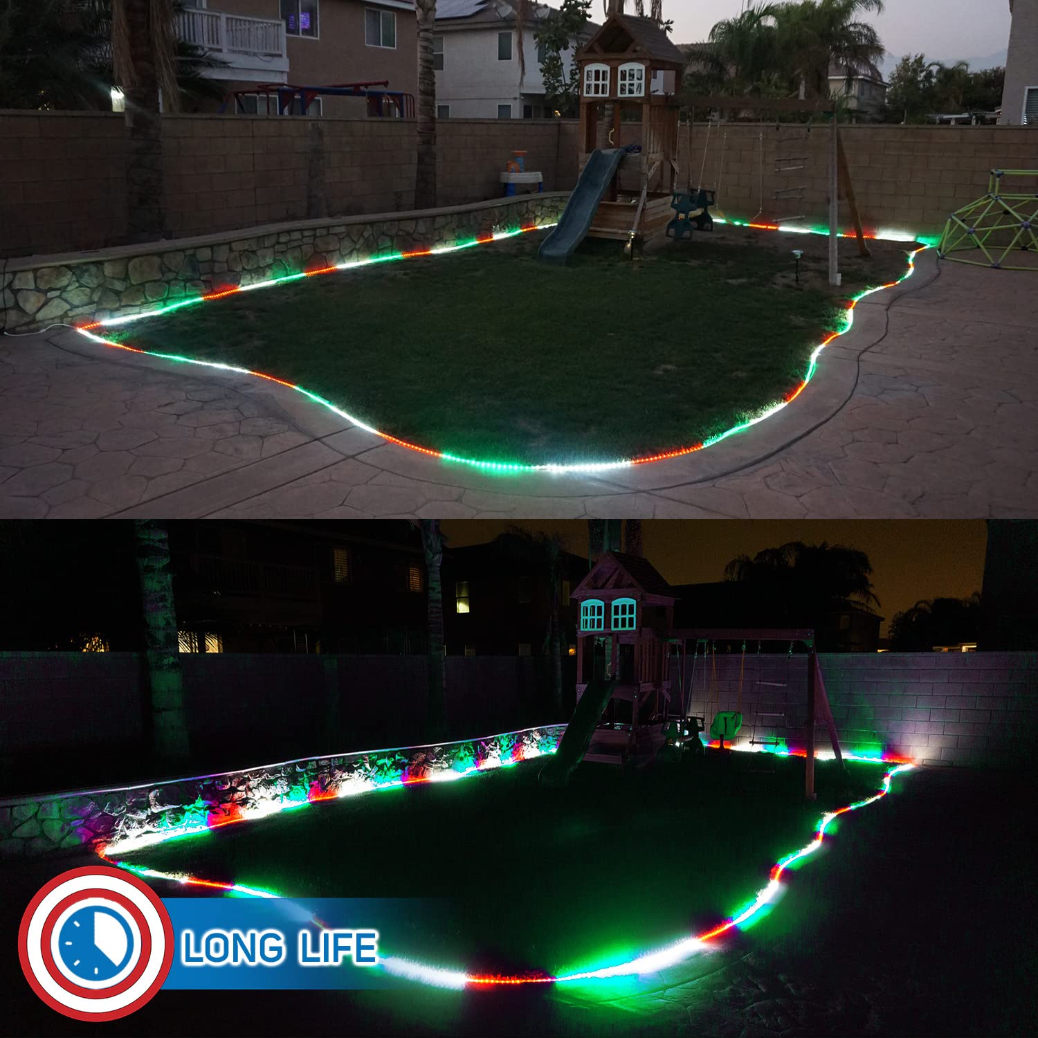 Russell Decor 200ft/60m LED Rope Lights - Waterproof Flexible String Lights for Indoor & Outdoor Use (Red, White, Green) | Perfect for Party Decor, Christmas Trees, Patio, Deck, Garden & Holiday Lighting
