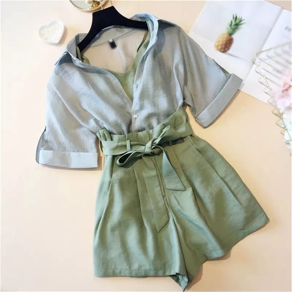 Women's Summer Cotton Linen 3-Piece Outfit - Casual Top, Shorts & Elastic Waist Wide Leg Pants Set | Breathable & Comfortable for Beach, Travel & Daily Wear (Color: A, Size: Scode)