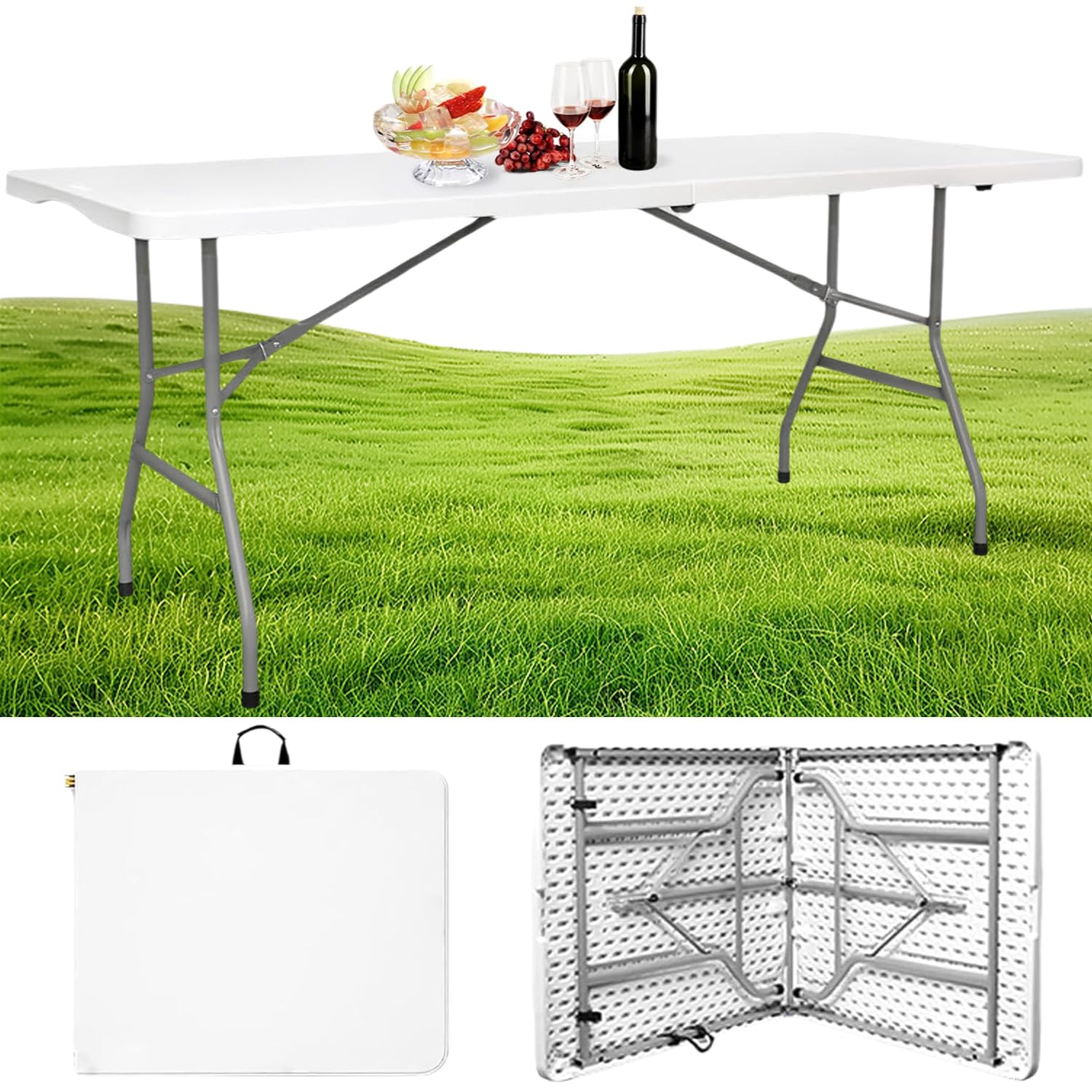 6FT Folding Table with Handle - Portable & Collapsible Picnic Table for Indoor Outdoor Use - Lightweight Plastic Rectangular Table for Camping, Parties, BBQs, Beach & Tailgating - Easy Carry & Storage - White
