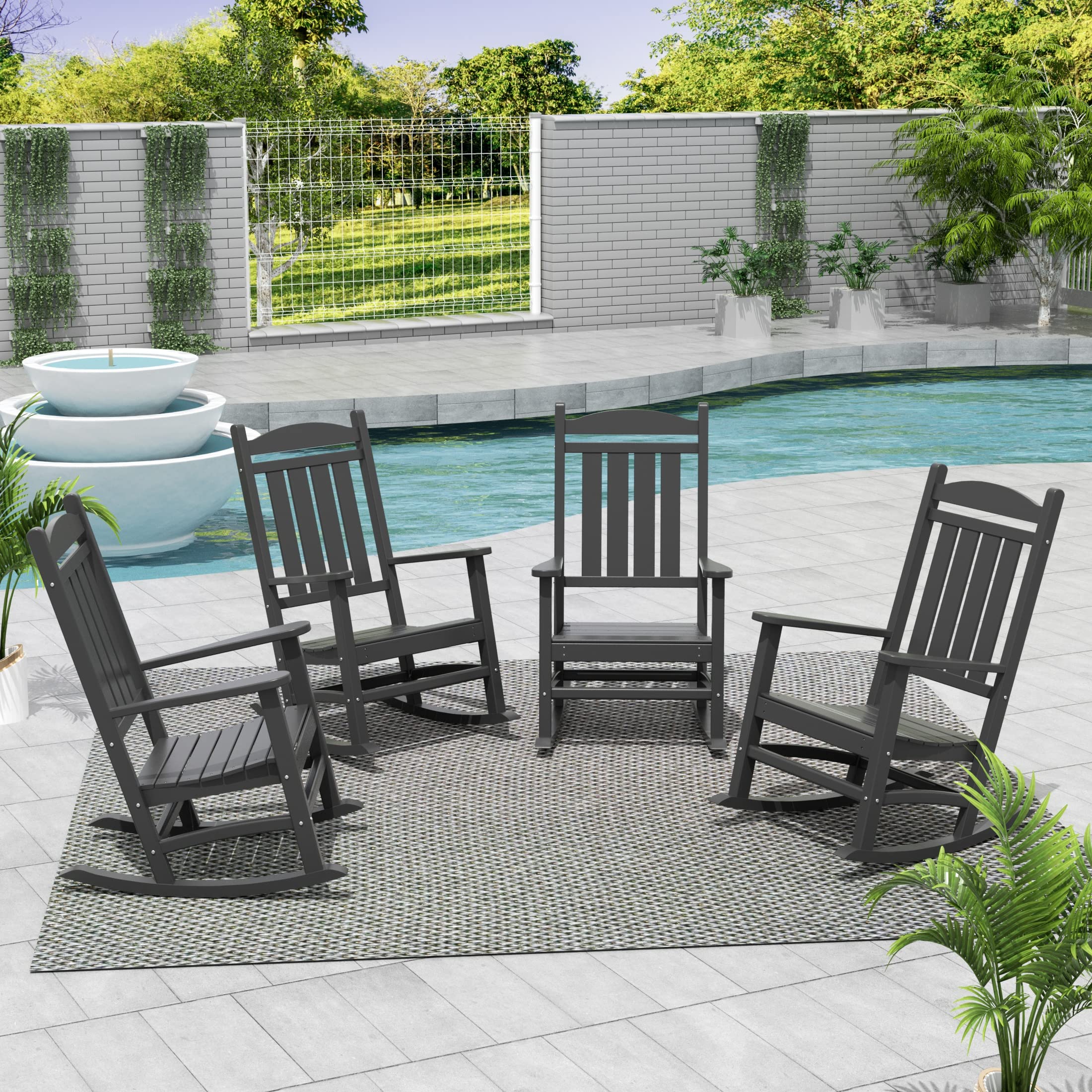 WO Home Furniture 4-Piece Patio Rocking Chair Set - Traditional Outdoor HDPE Rocking Chairs with UV & Weather Resistance (Grey) - Perfect for Porch, Garden, Deck & Backyard Relaxation