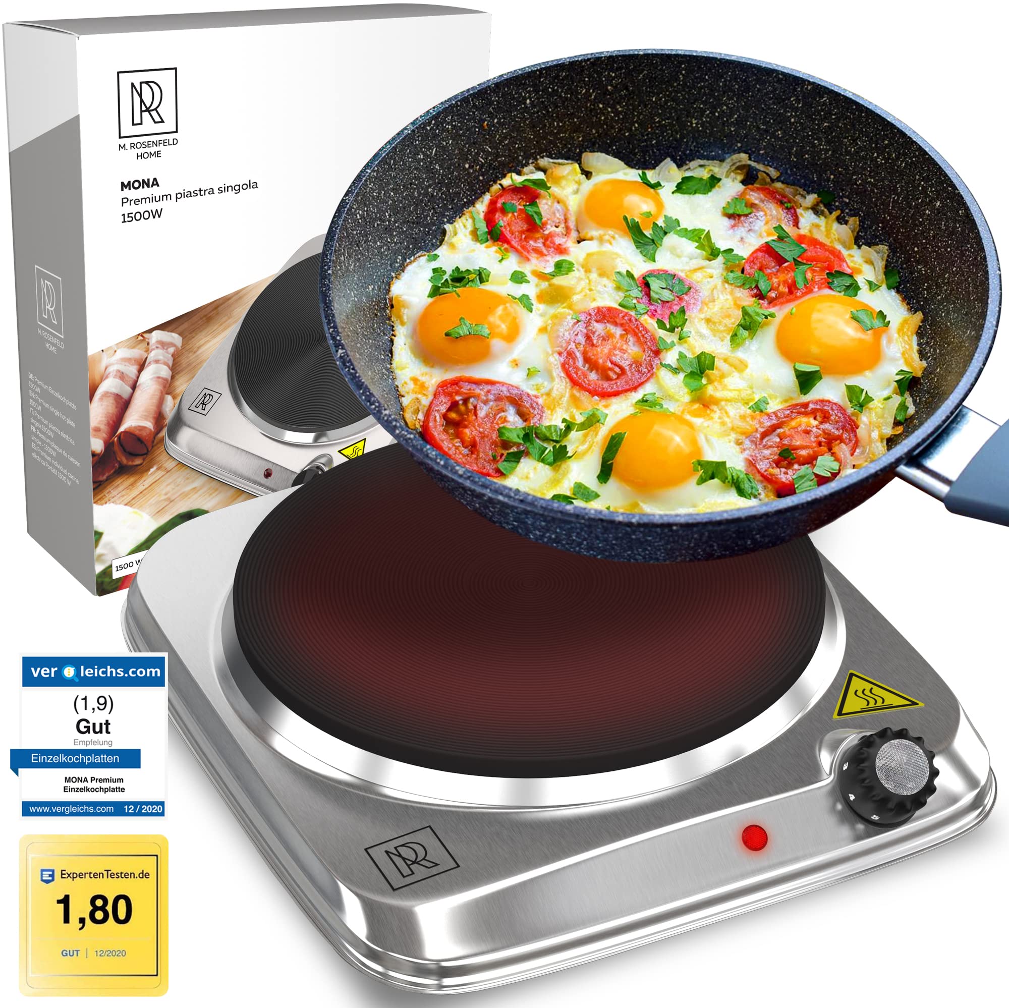 1500W Portable Electric Stove - Single Burner Induction Cooktop with 180mm Stainless Steel Plate, Overheat Protection & Thermostat | Extra Long Power Cord | Perfect for Dorm Rooms, Camping & Small Kitchens