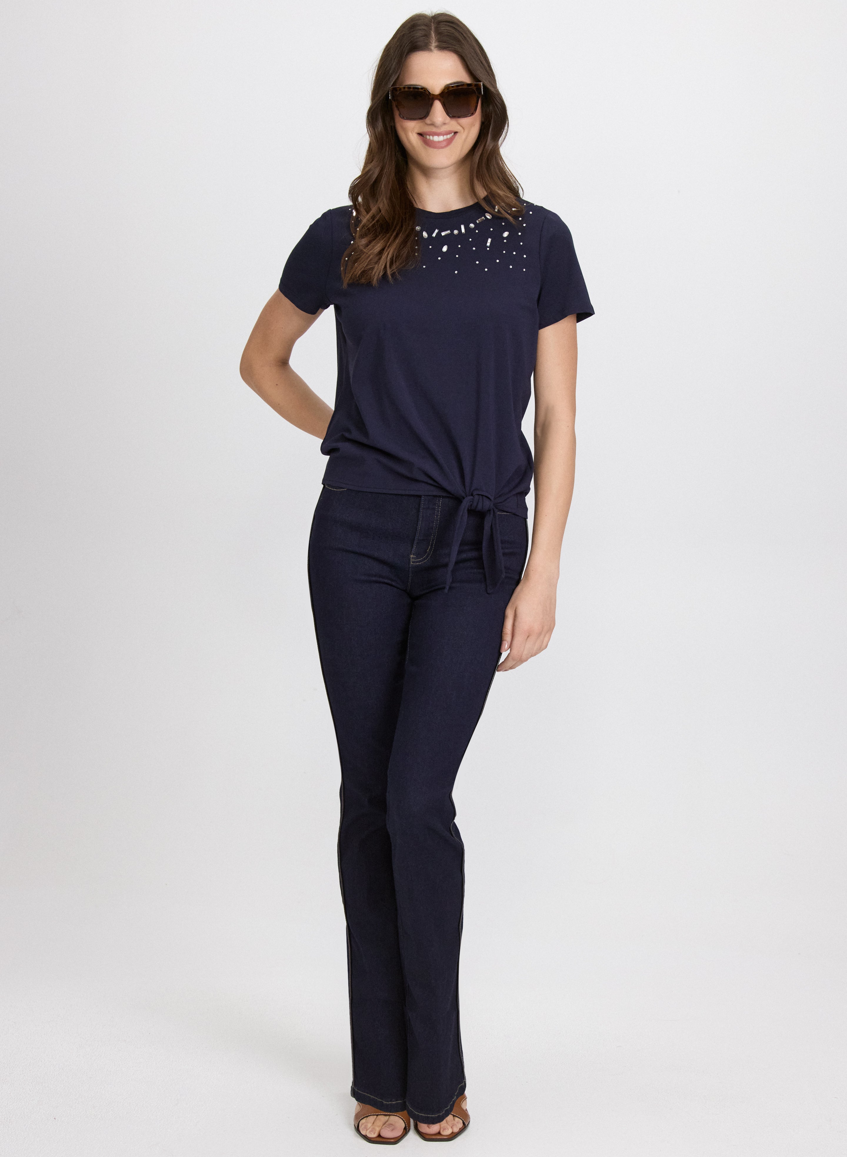 Crystal Trim T-Shirt for Women - Elegant Rhinestone Embellished Tee for Casual Wear & Party Outfits