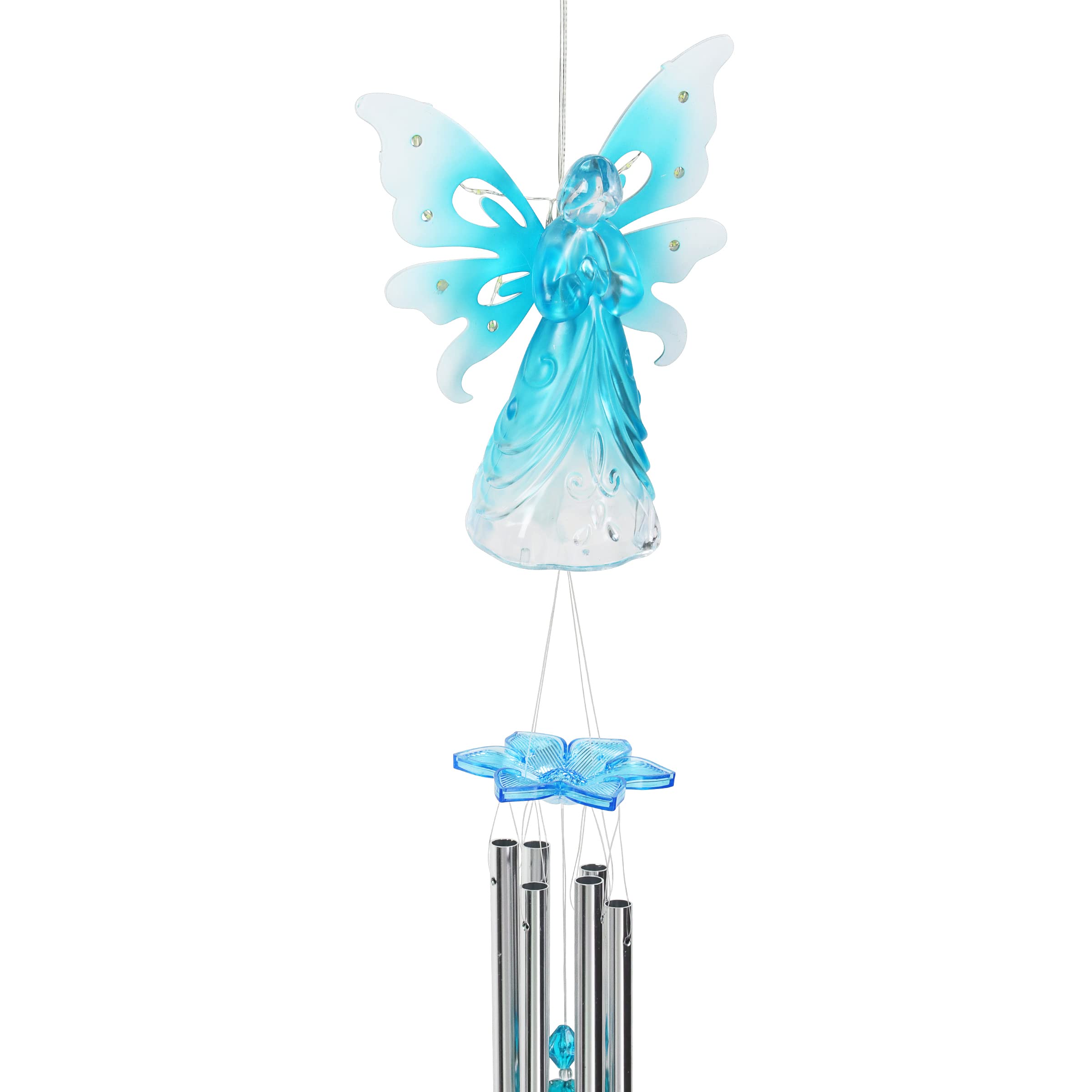 Exhart Solar-Powered Angel Wind Chime with LED Firefly Lights - Blue Acrylic Metal Wings for Outdoor Lawn & Yard Decoration (6.5 x 4 x 42 Inch) - Perfect for Garden, Patio, Porch & Backyard Ambiance