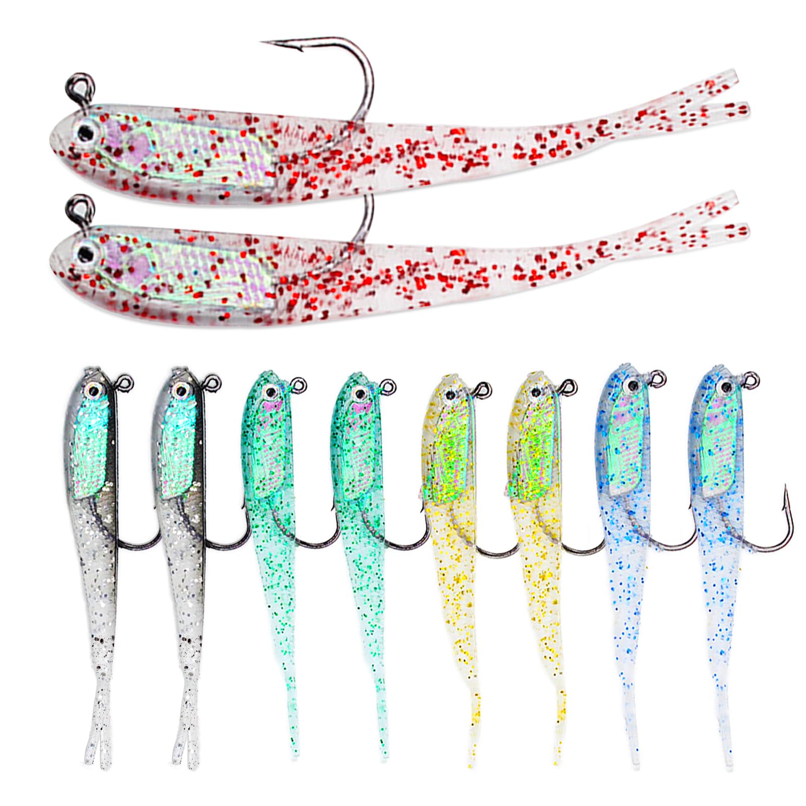 10 Pcs Pre-Rigged Jig Head Soft Fishing Lures Kit with Flexible X-Tail - Bass Trout Swimbaits for Freshwater & Saltwater Fishing - Perfect for Shore, Boat and Ice Fishing Adventures