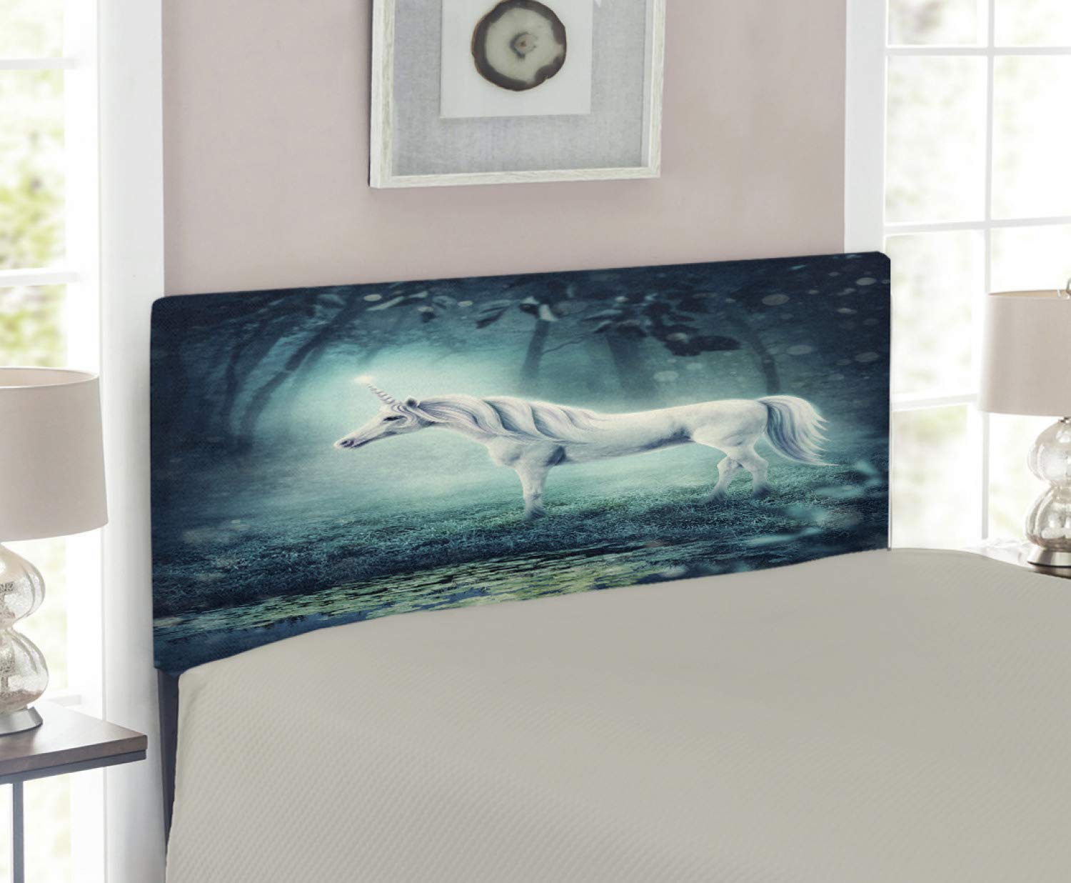 Lunarable Fantasy Unicorn Headboard - Upholstered Metal Bed Headboard with Memory Foam, Twin Size, Mint Green & White - Perfect for Kids' Bedroom, Nursery, or Fantasy-Themed Decor