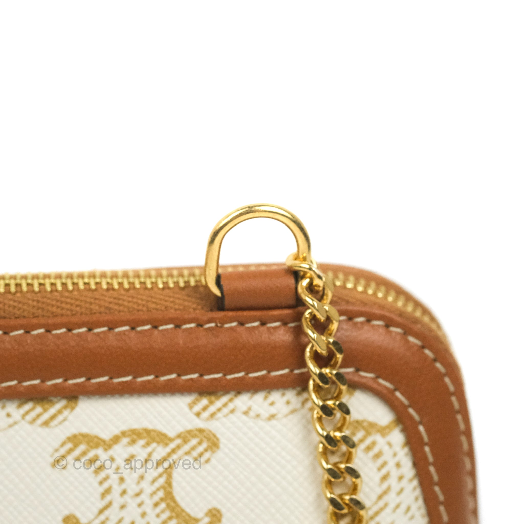 Celine Triomphe Canvas and Lambskin Chain Clutch Bag in White/Tan - Elegant Evening Bag for Parties, Weddings & Special Occasions