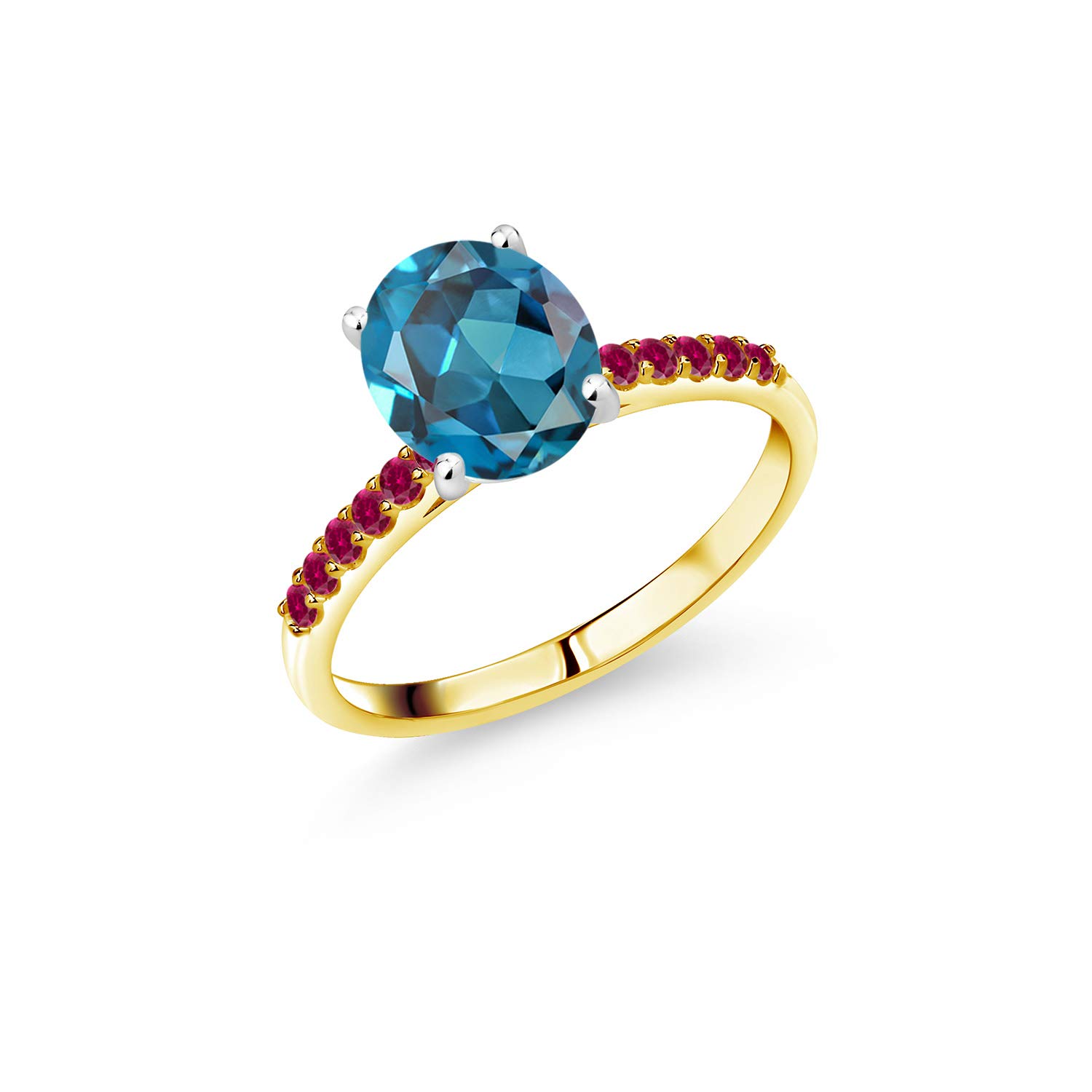 4.38 Ct London Blue Topaz & Red Created Ruby 10K Yellow Gold Ring with White Gold Prongs - Elegant Gemstone Jewelry for Women, Perfect for Engagement, Anniversary & Special Occasions