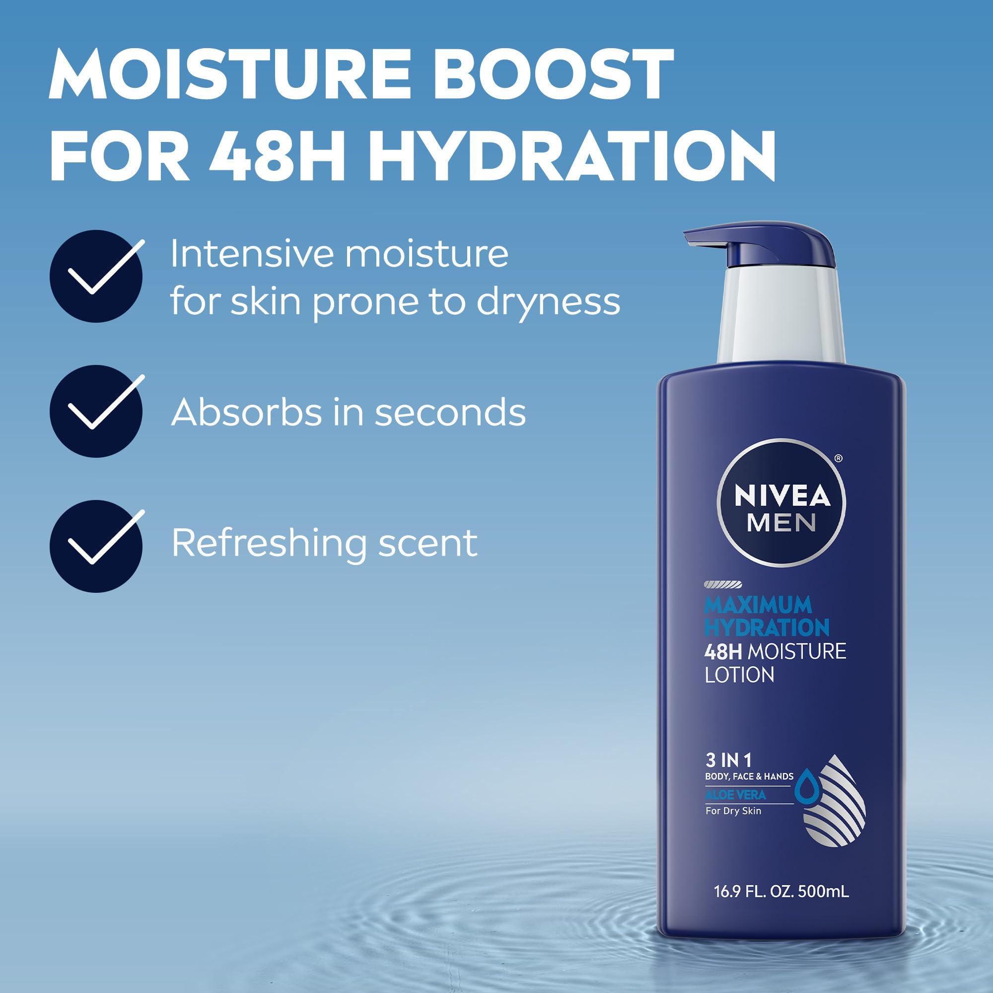 NIVEA MEN Maximum Hydration 48-Hour Moisturizing Body Lotion for Dry Skin - Aloe Vera Enriched 3-in-1 Lotion for Face, Body & Hands - Dermatologist Tested 16.9 Fl Oz - Perfect for Post-Shave & Daily Skincare Routine