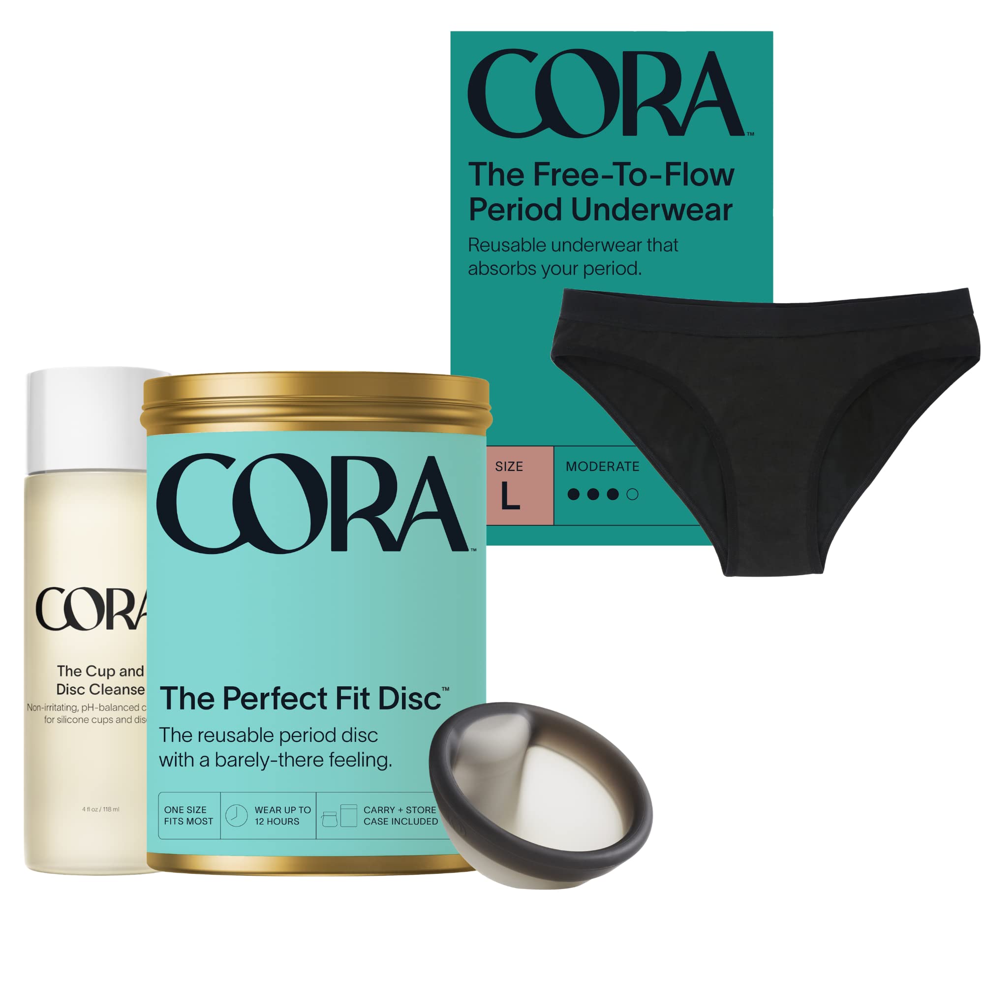 Cora Reusable Period Disc + Period Underwear (Large) + Cup & Disc Cleanse Bundle | Eco-Friendly Menstrual Care Kit for Women | Comfortable & Leak-Proof Solution for Active Lifestyles, Travel & Overnight Protection