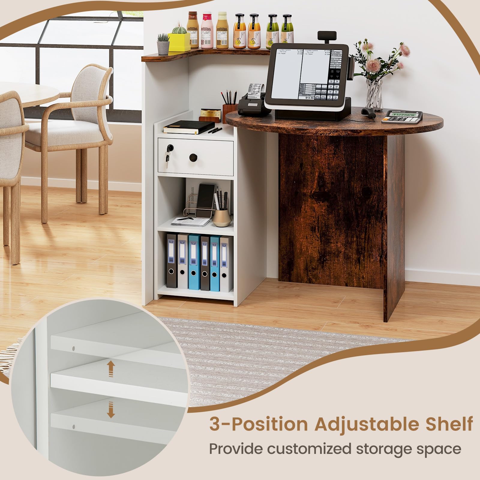 Modern Reception Desk with Lockable Drawer & Open Shelves - Wooden L-Shaped Front Counter for Office, Retail Store, Salon & Lobby - Oval Desktop Design in Brown & White - Perfect for Customer Service Areas, Checkout Counters & Professional Workspaces
