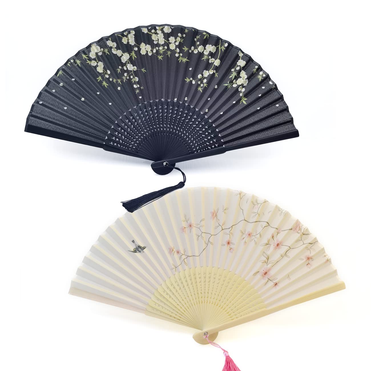 2 Pcs Vintage Chinese Folding Hand Fans - Oriental Silk Fabric Handheld Fans with Hollow Carved Design for Women, Gifts, Wall Decor | Perfect for Weddings, Home Decor, and Summer Cooling