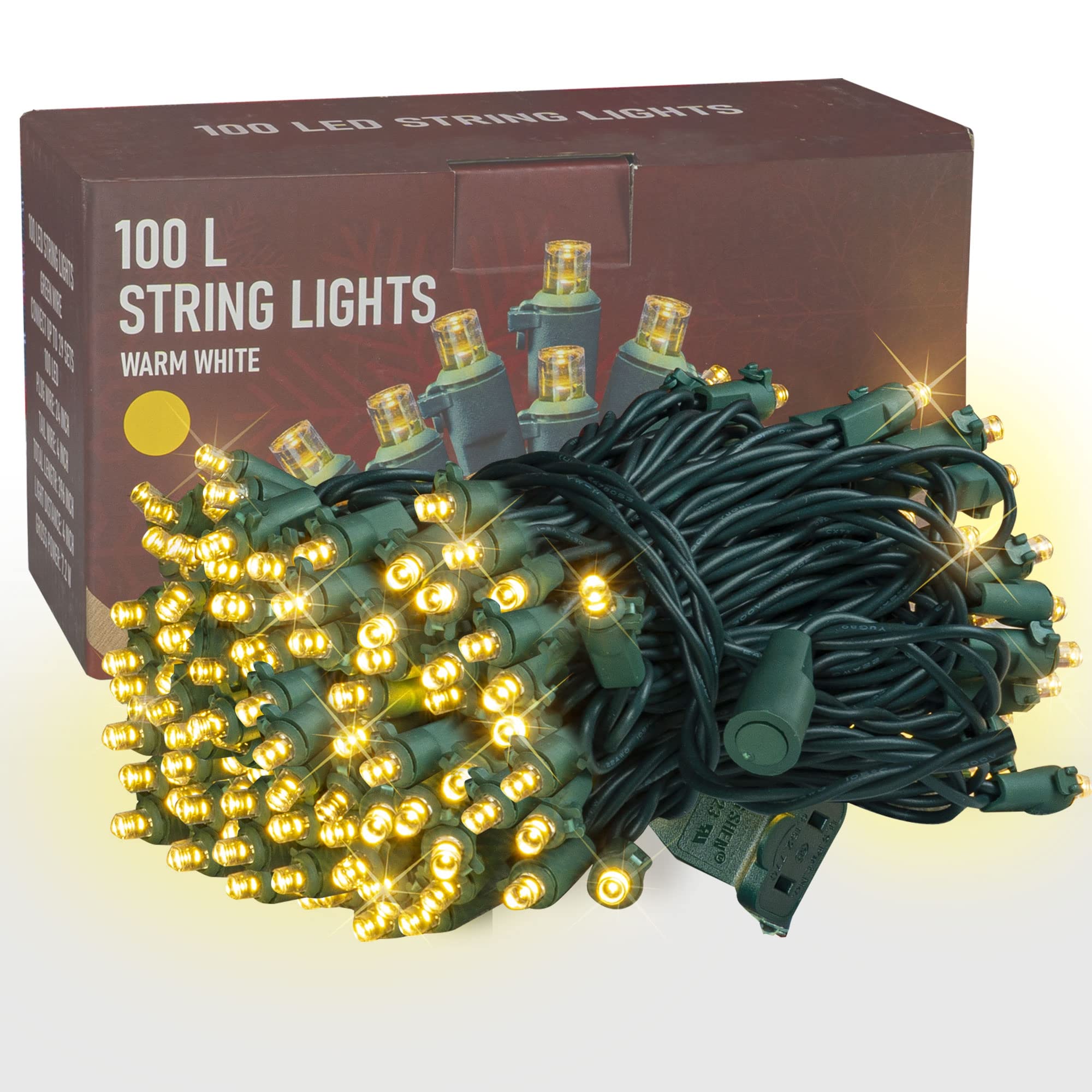 100 LED Christmas String Lights - 33FT Waterproof Indoor/Outdoor Twinkle Lights with Warm White Glow & Green Wire - Perfect for Tree, Room, Bedroom, Wedding & Holiday Decorations (Dazzle Bright)