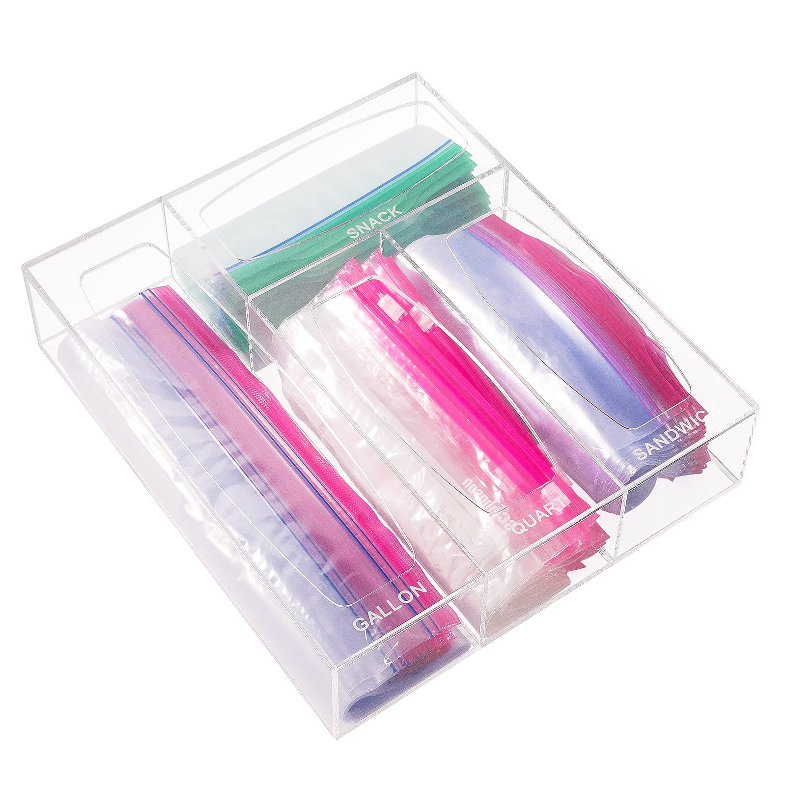 Aquiver Acrylic Bags Storage Organizer - Clear Plastic Food Storage Bags Holder & Drawer Organizer for Gallon, Quart, Sandwich, Snap, Freezer, Slider Bags - Perfect for Kitchen Pantry, Refrigerator & Cabinet Organization