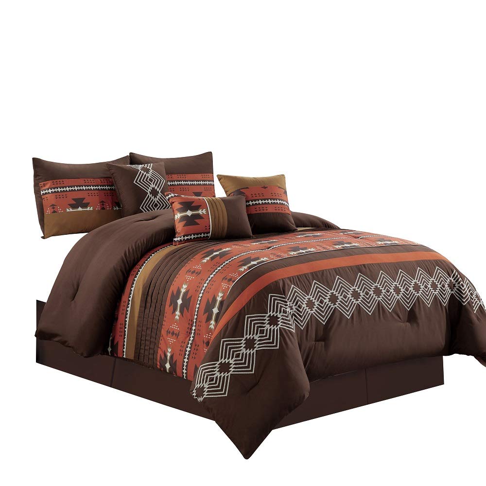 WPM 7-Piece Southwestern Native American Comforter Set - Queen Size Bed in a Bag with Navajo Design in Coffee Brown & Spice Brick Colors | Perfect for Southwestern-Themed Bedrooms, Guest Rooms, and Dorm Decor