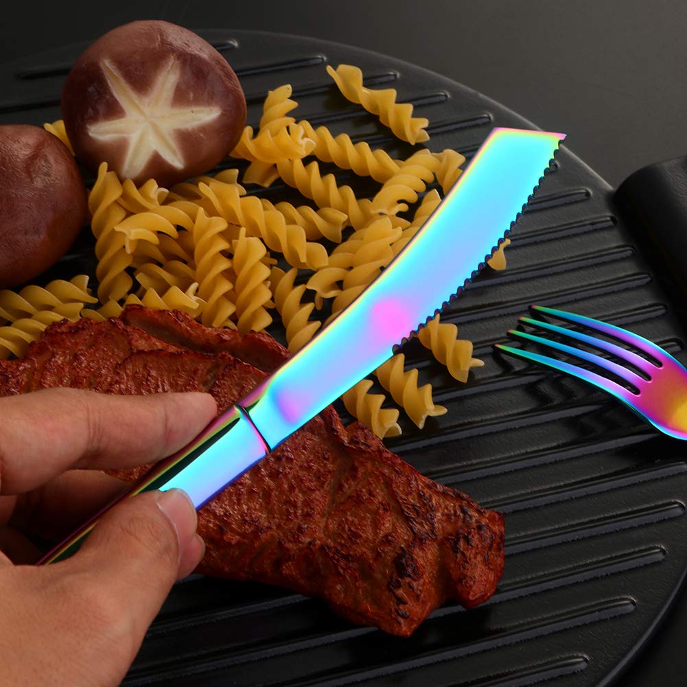 6-Piece Rainbow Steak Knife Set - Premium Serrated Stainless Steel Kitchen Knives for Steak, Dishwasher Safe Flatware Utensils - Perfect for BBQ, Dinner Parties & Restaurant Use