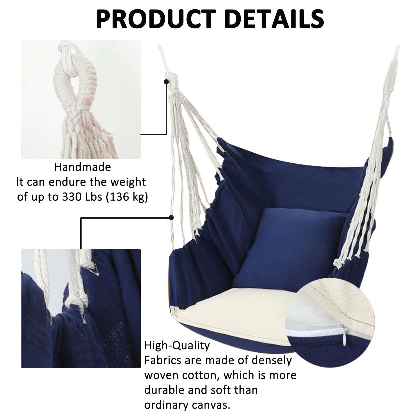 SRHWBF Oversized Hanging Hammock Chair with 2 Comfortable Cushions - Indoor/Outdoor Rope Swing Seat for Bedroom, Patio, Garden & Balcony Relaxation (Grey)
