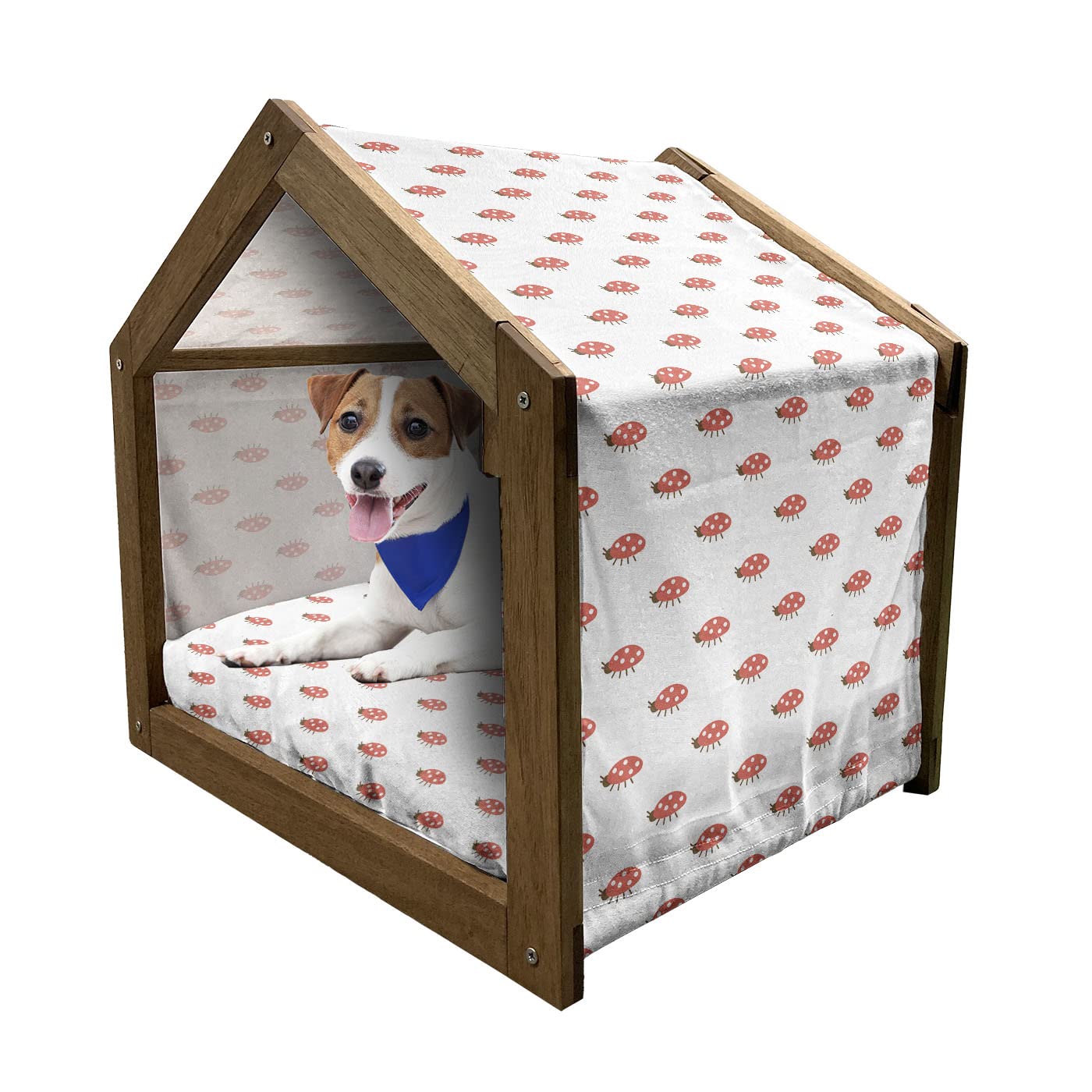 Ambesonne Ladybug Wooden Pet House - Indoor & Outdoor Portable Dog Kennel with Pillow & Cover for Small Dogs - Cute Bug-Themed Playroom for Pets - Dark Coral Chocolate Color - Perfect for Home, Garden, or Travel Use