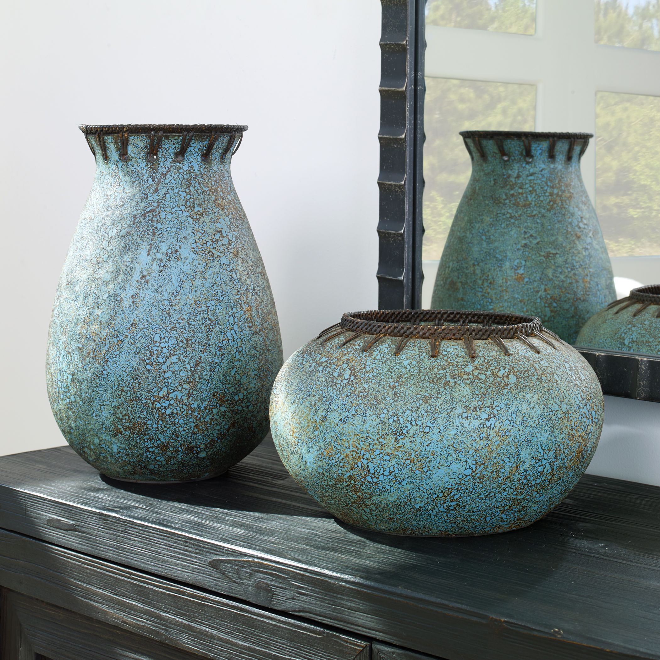Bisbee Vases Set of 2 - Handmade Turquoise Ceramic Vases for Home Decor, Wedding Centerpieces & Boho Style Interior Design