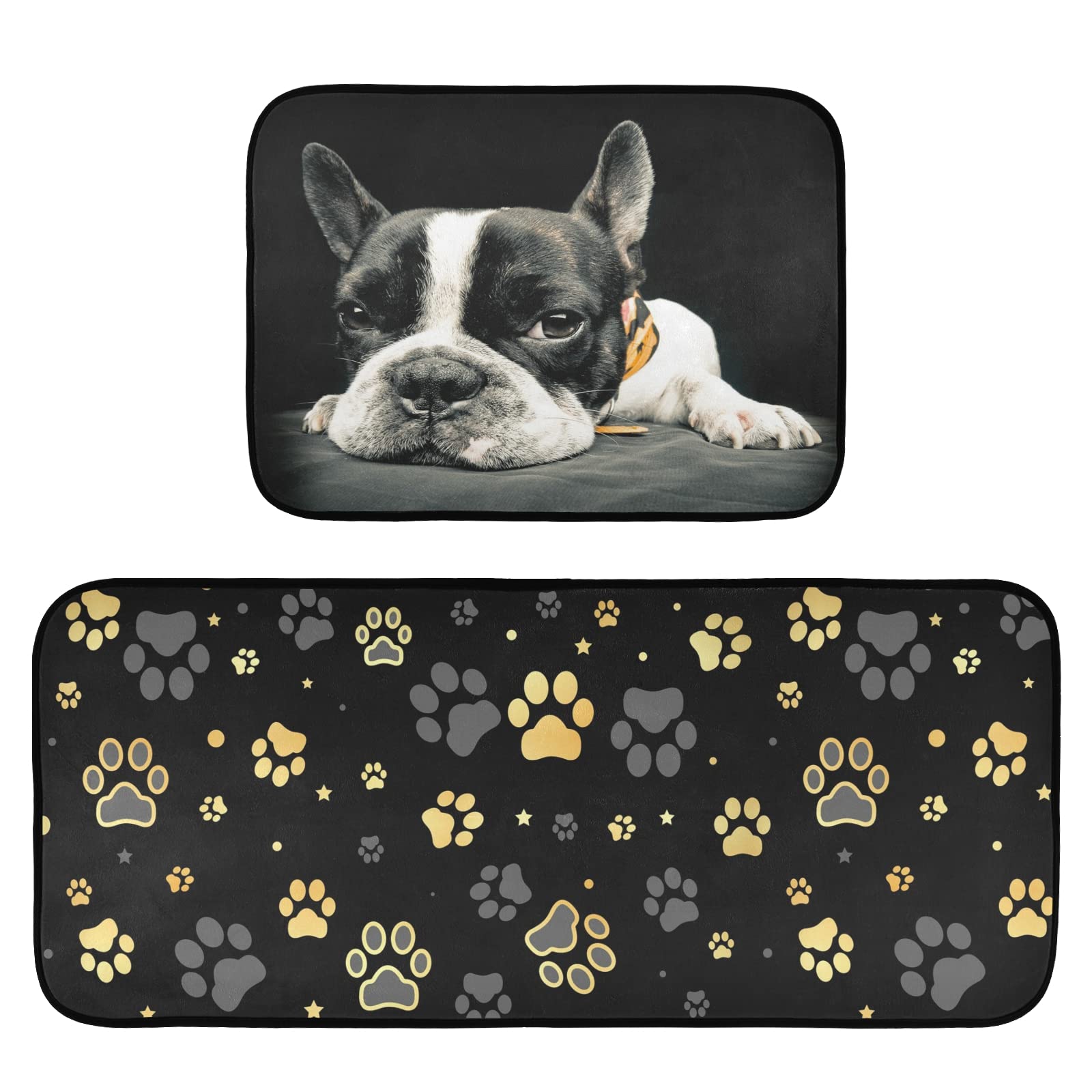 **CaTaKu Gold Paw Bulldog Non-Slip Kitchen Rugs Set of 2 - Washable Polyester Floor Mats for Comfort Standing in Kitchen, Laundry, Sink & Office - Pet-Friendly Home Decor**    *(Use Scenes: Perfect for kitchens, laundry rooms, pet areas, and office spaces to add style while providing comfort and safety.)*