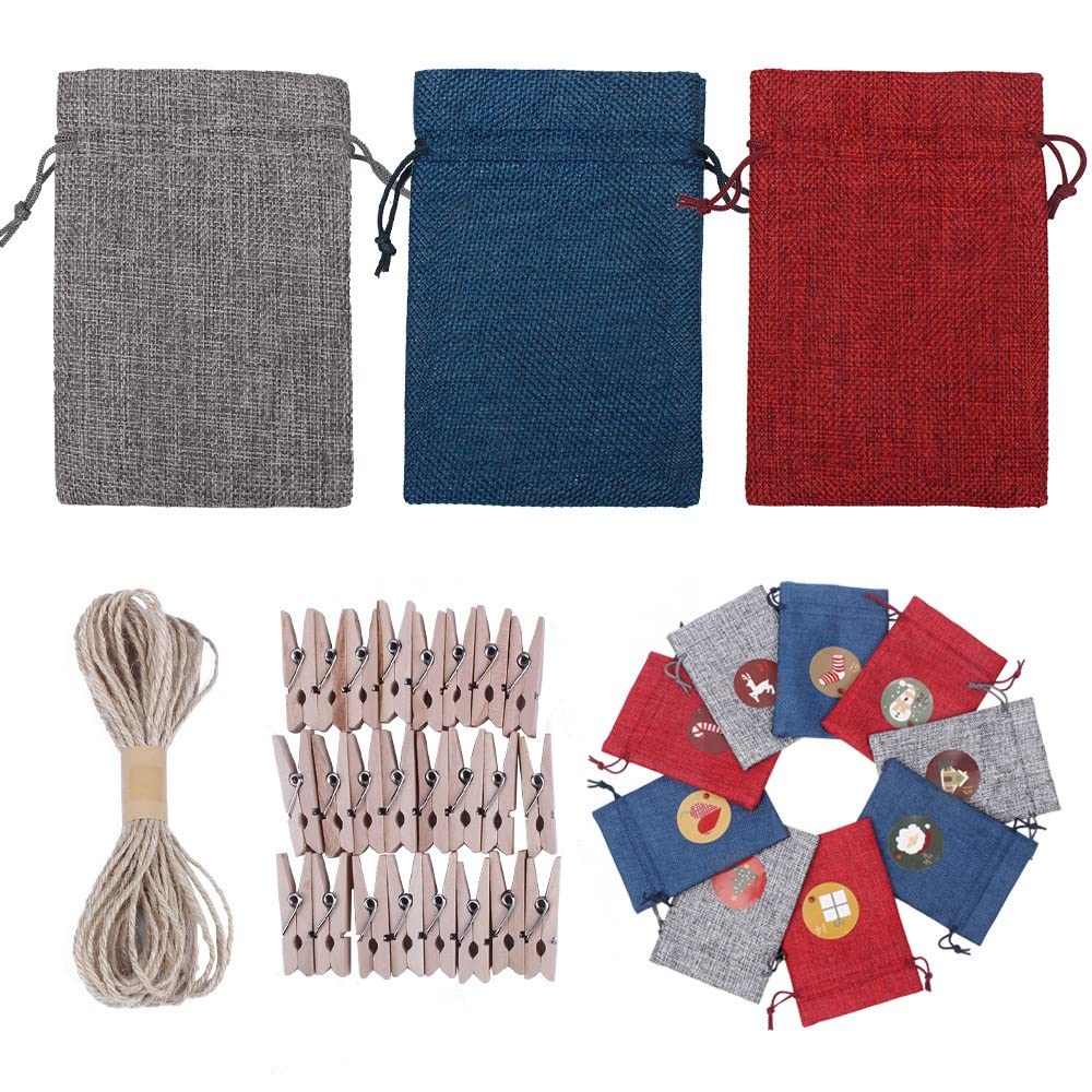 24 Days Burlap Drawstring Advent Calendar Bags - DIY Christmas Countdown Decor with Garland for Wall, Home, Office - Perfect for Holiday Candy Gifts & Festive Party Decorations
