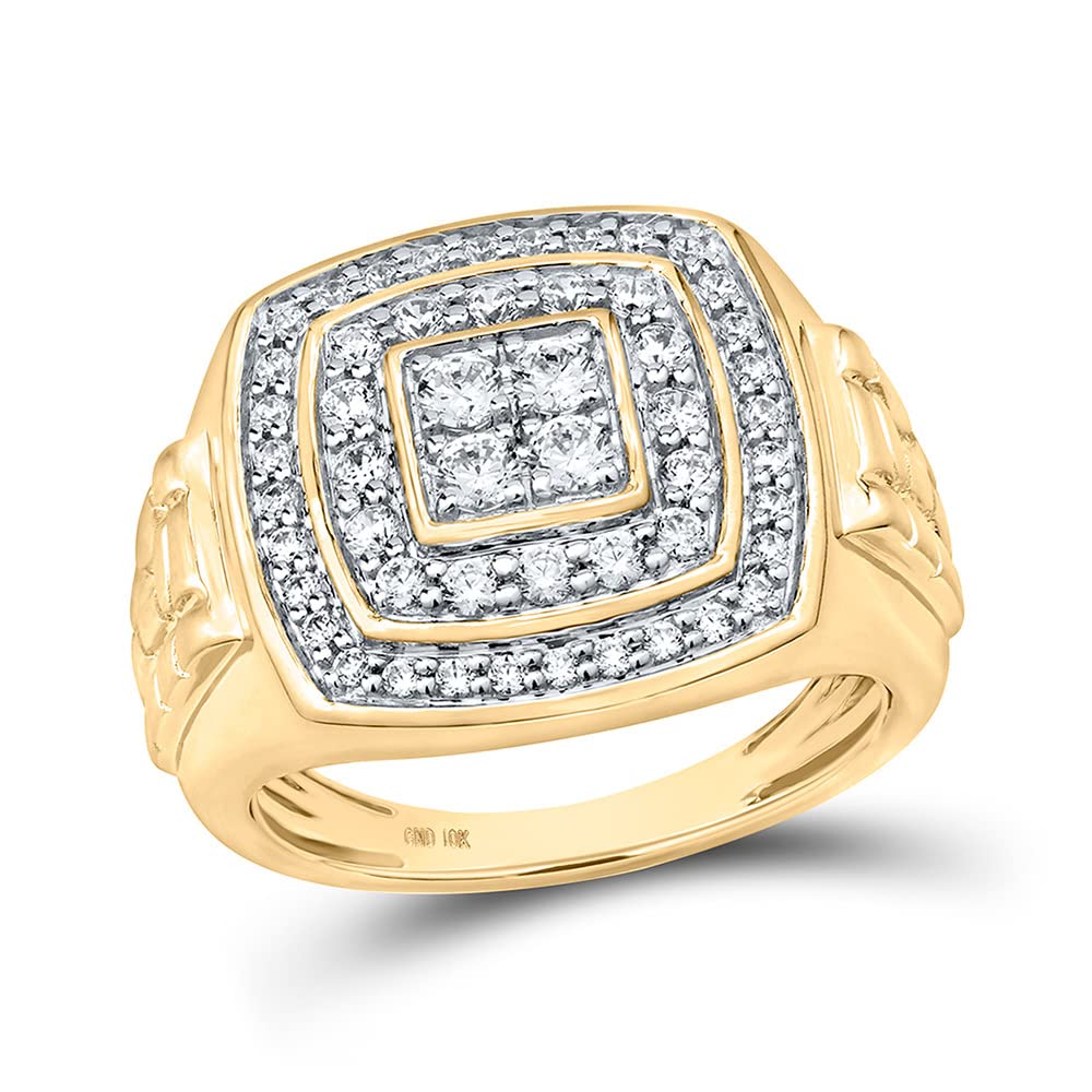 10K Yellow Gold Men's Round Diamond Square Ring - 1 CTTW Wedding Band, Anniversary Gift for Him, Perfect for Engagements & Special Occasions